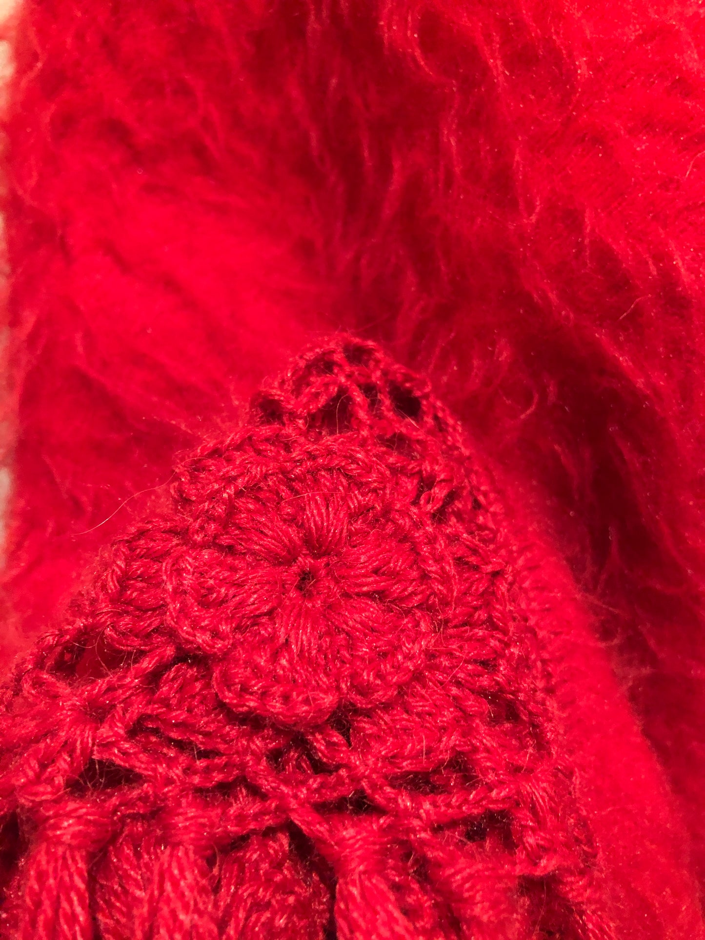 Kingspier Vintage - Red baby alpaca wool poncho with buttons down the front and crochet and tassels at the bottom,