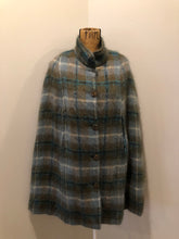 Load image into Gallery viewer, Kingspier Vintage - Green plaid mohair cape with collar, wooden buttons, arm slits and inside lining. Size large.
