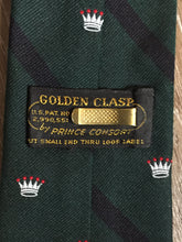 Load image into Gallery viewer, Kingspier Vintage - Golden Clasp by Prince Consort green and navy tie with crown print. Fibres unknown.

Length: 56”
Width: 3”

This tie is in excellent condition.
