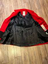 Load image into Gallery viewer, Vintage Hudson’s Bay Company red and black point blanket 100% pure virgin wool coat, double breasted with two front pockets and a satin lining.

Made in Canada
Chest 38”
