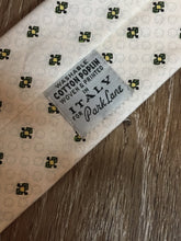 Load image into Gallery viewer, Kingspier Vintage - Park Lane cotton, washable tie in white with yellow and green diamond pattern. Made in Italy, styled in Canada.

Length: 52”
Width: 2.5” 

This tie is in excellent condition.
