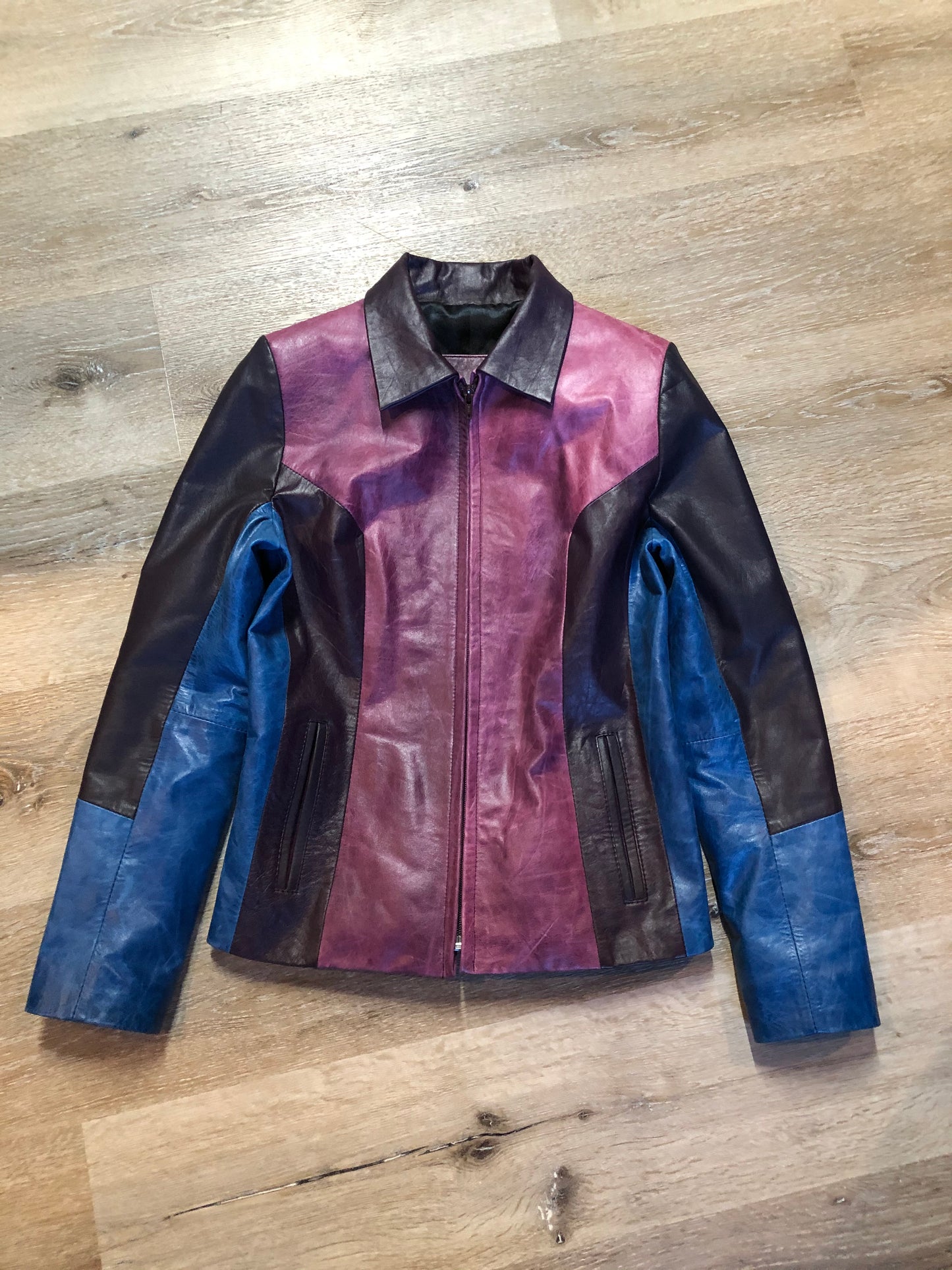 Kingspier Vintage - Vintage purple and blue panel leather jacket with slash pockets. Size small.
