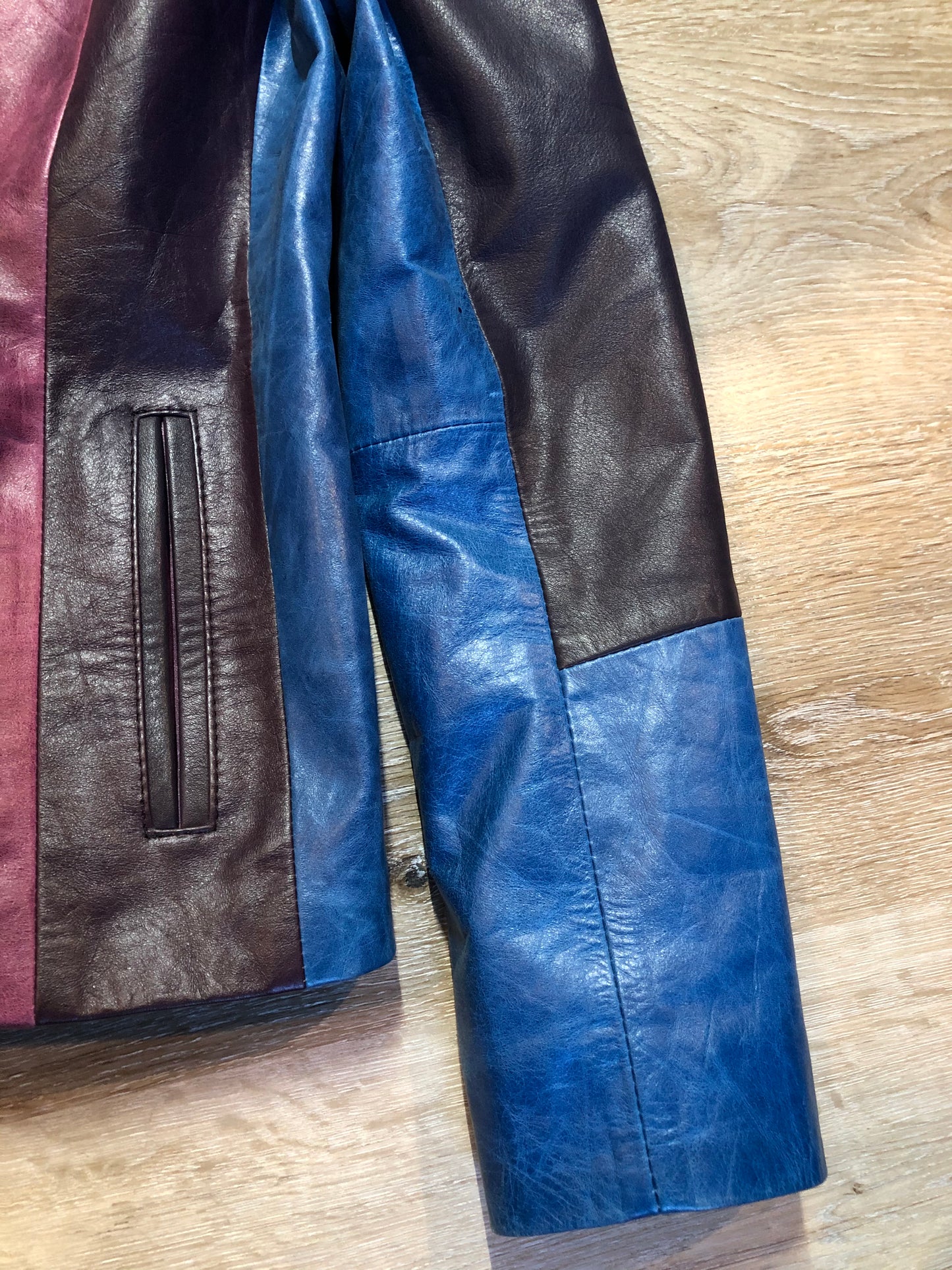 Kingspier Vintage - Vintage purple and blue panel leather jacket with slash pockets. Size small.