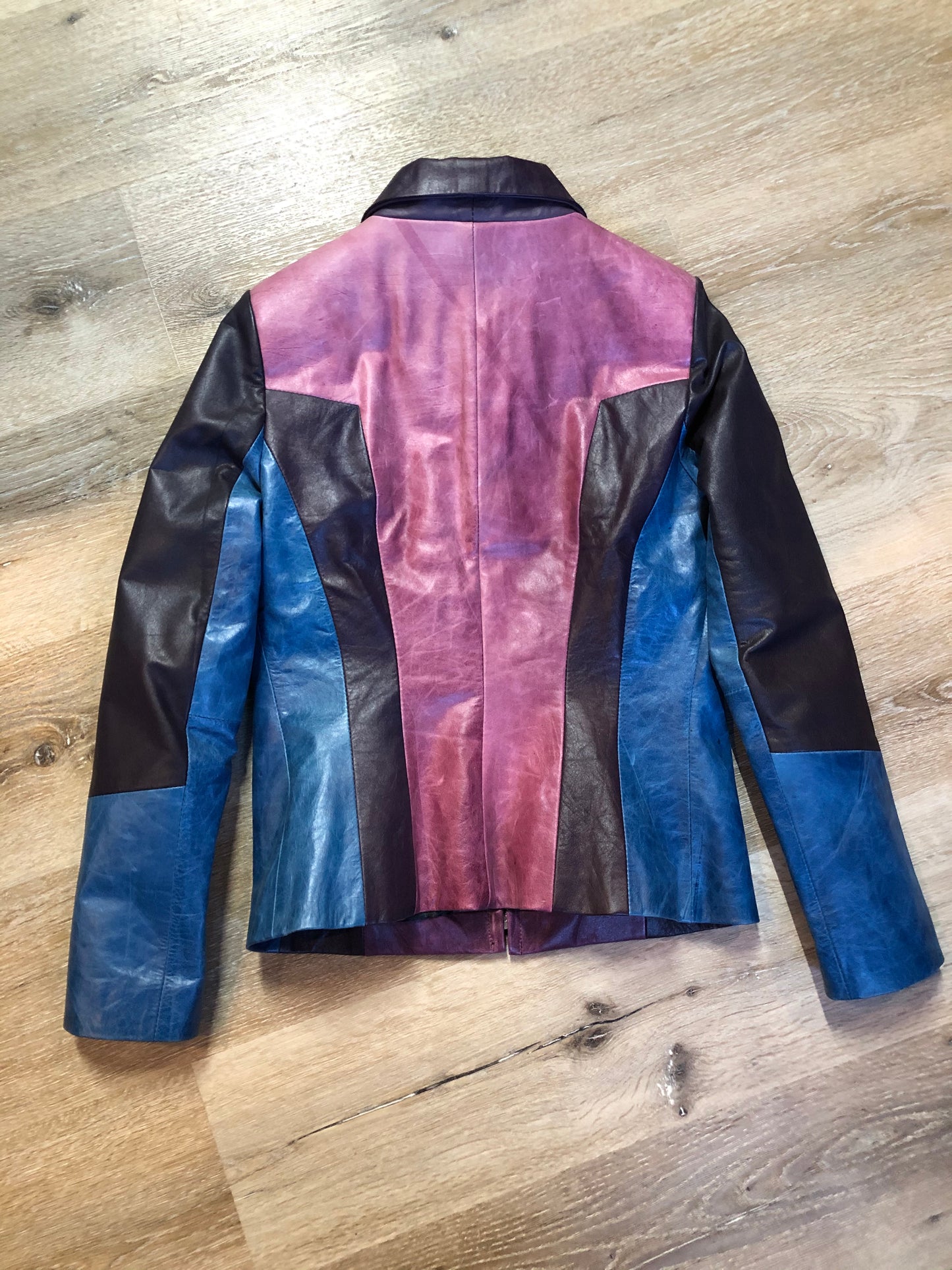 Kingspier Vintage - Vintage purple and blue panel leather jacket with slash pockets. Size small.