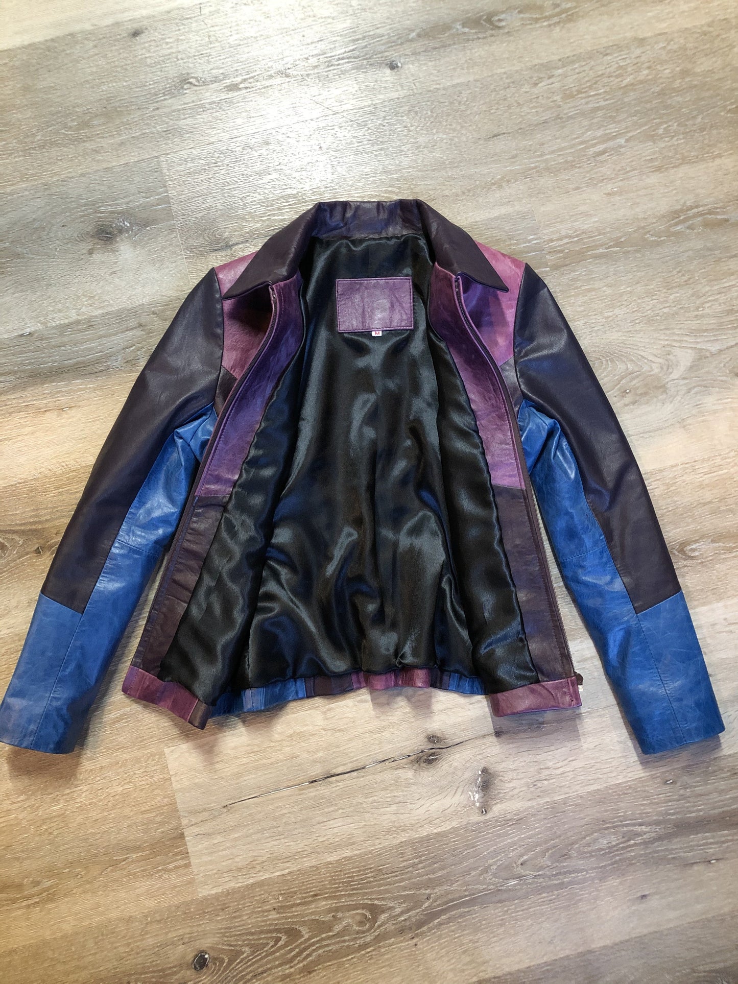 Kingspier Vintage - Vintage purple and blue panel leather jacket with slash pockets. Size small.