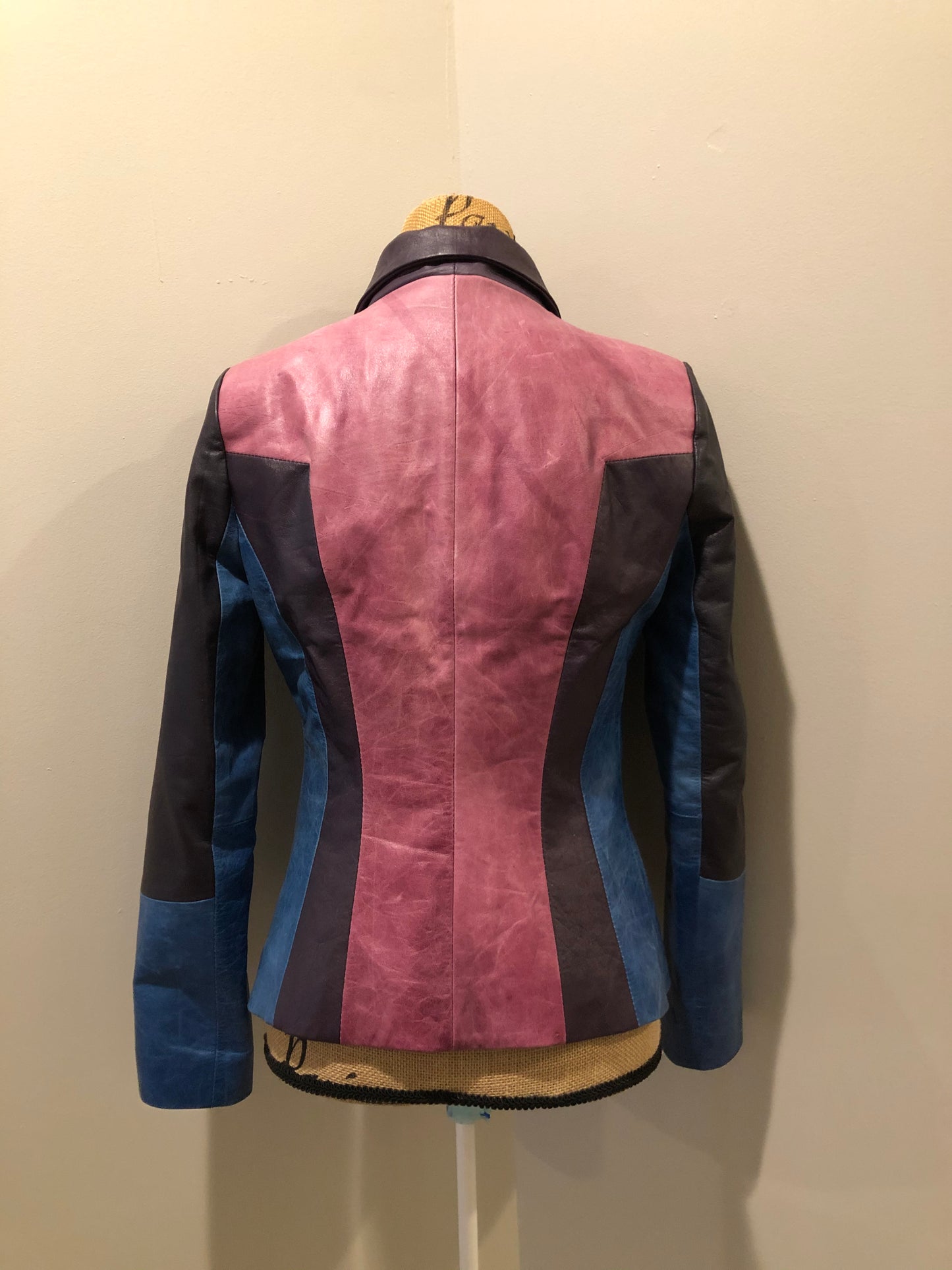 Kingspier Vintage - Vintage purple and blue panel leather jacket with slash pockets. Size small.