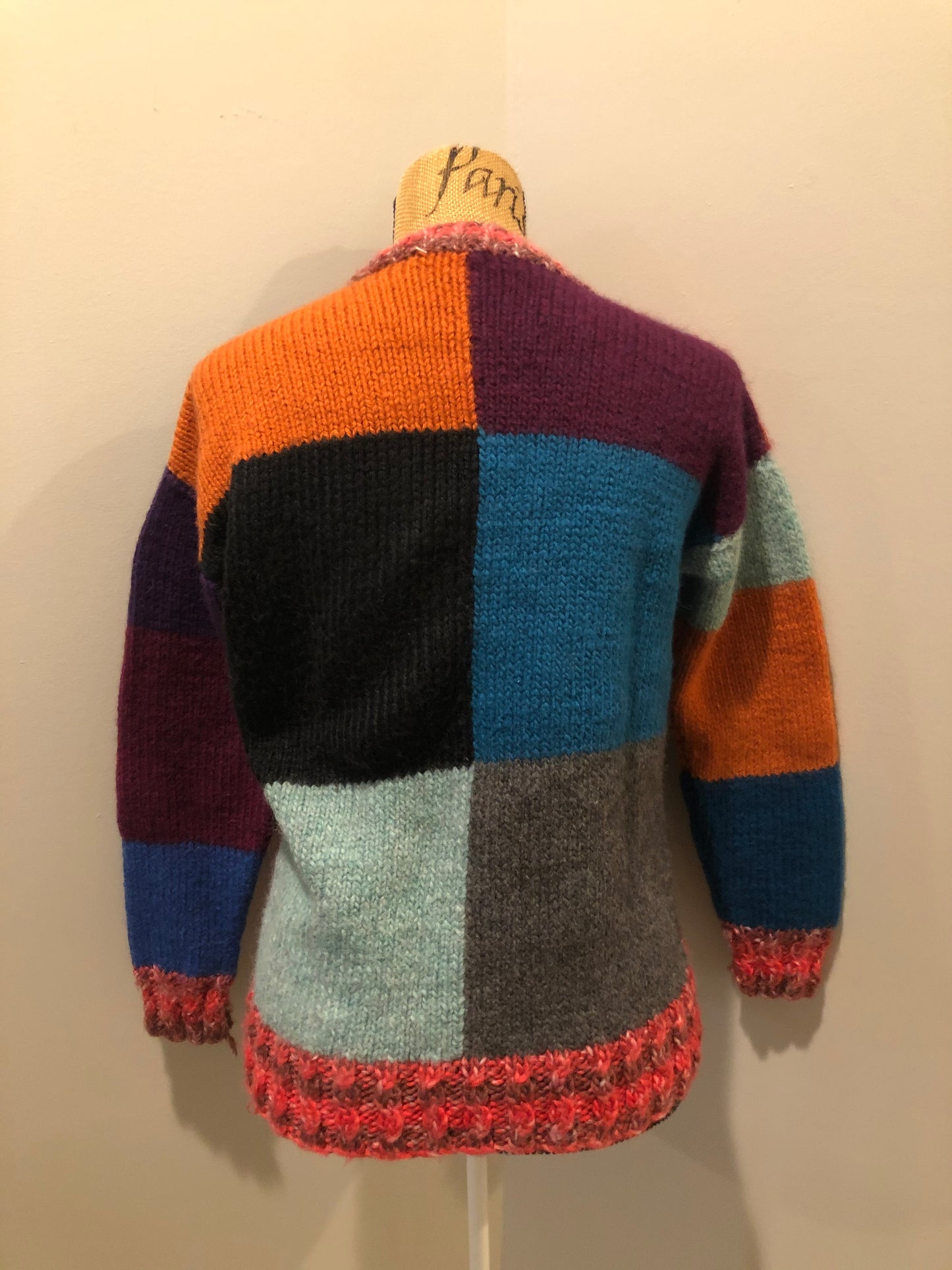 Kingspier Vintage - Hand knit Multi-Coloured patch work cardigan with button closures and pockets Made in Nova Scotia, Canada. Fibres unknown