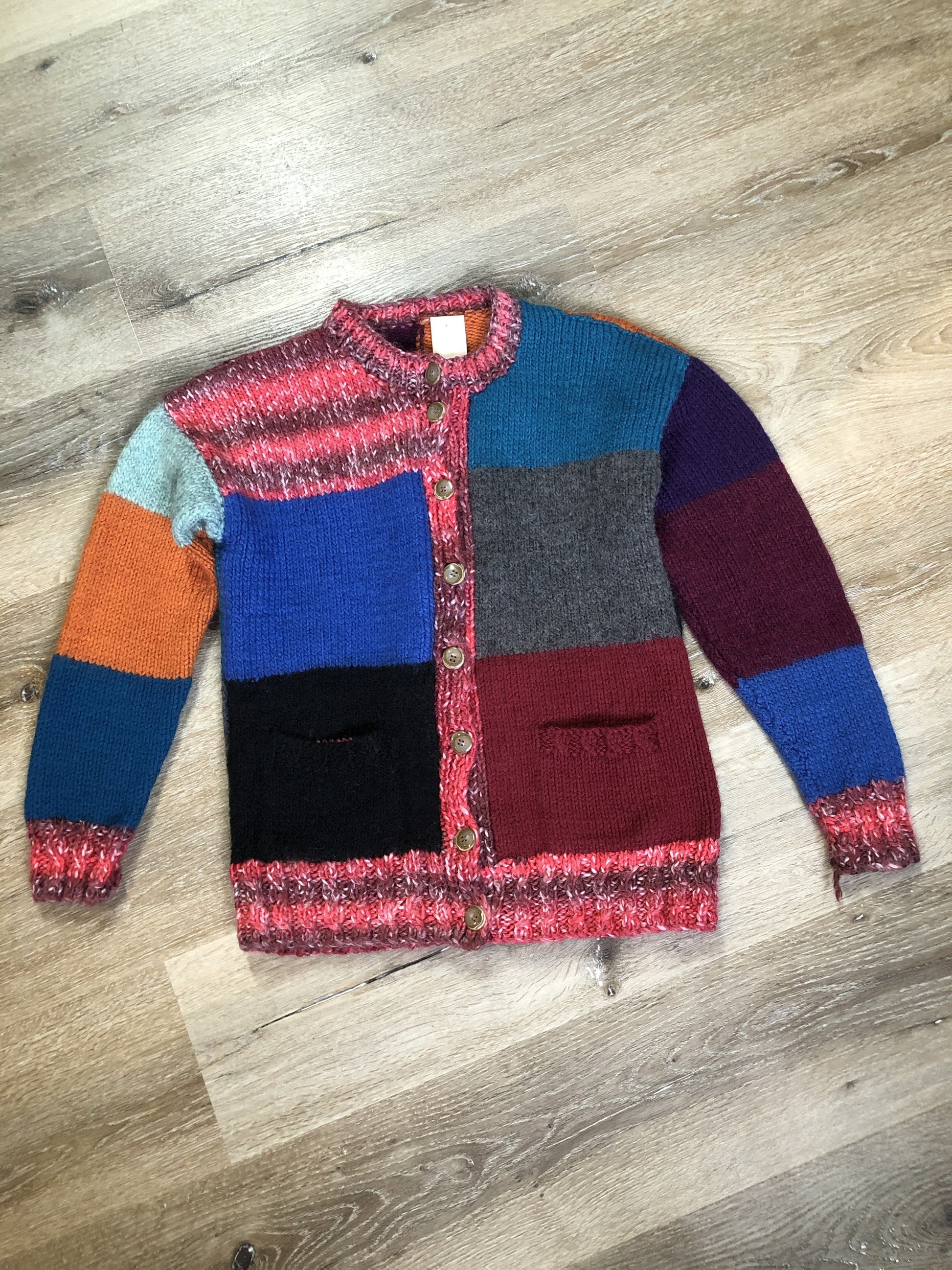 Kingspier Vintage - Hand knit Multi-Coloured patch work cardigan with button closures and pockets Made in Nova Scotia, Canada. Fibres unknown