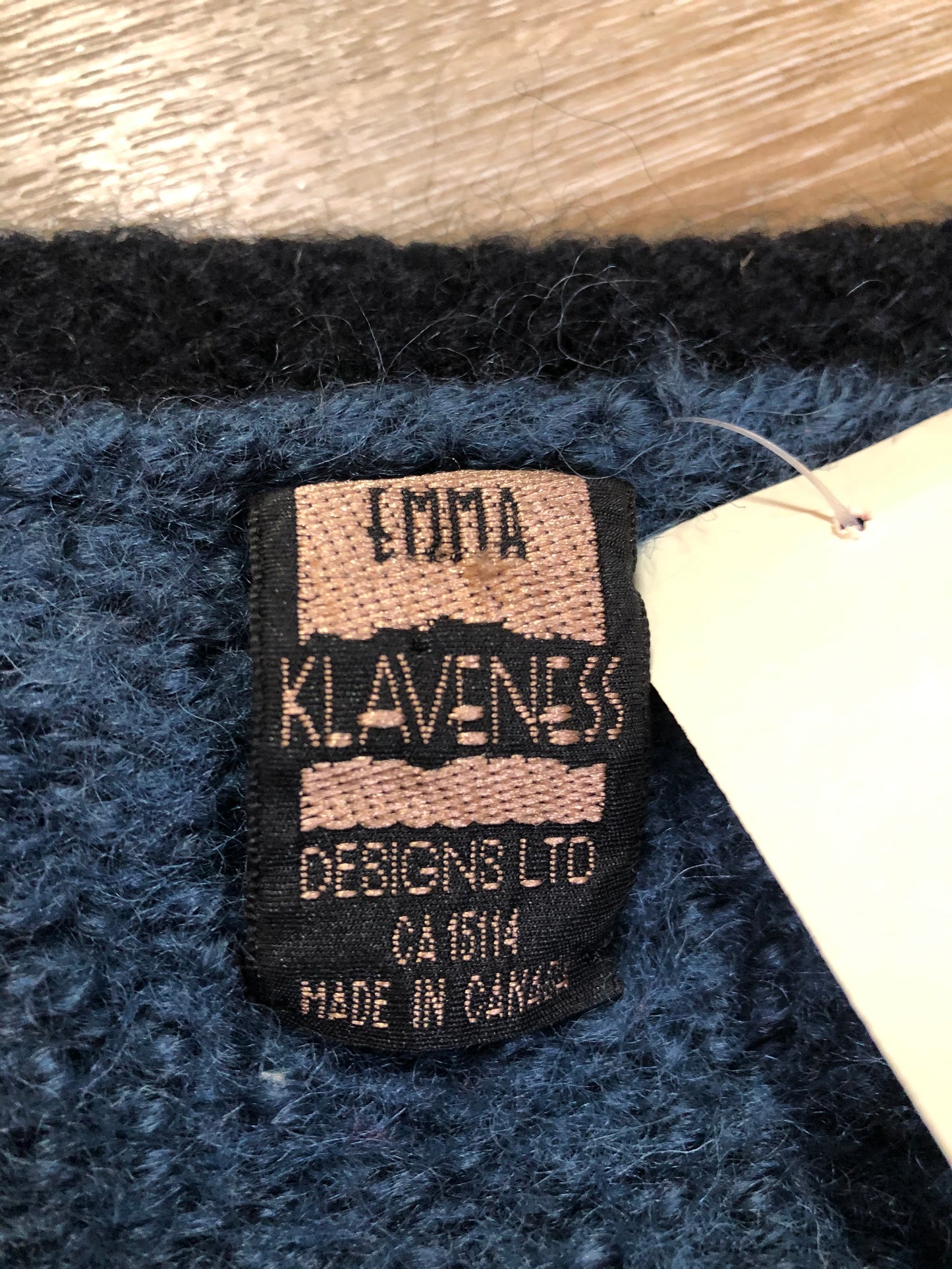 Kingspier Vintage - Emma “Kalveness Designs Ltd.” felted wool cardigan in navy blue with multi-coloured designs and silver button closures. Made in Canada. Size Small, medium.
