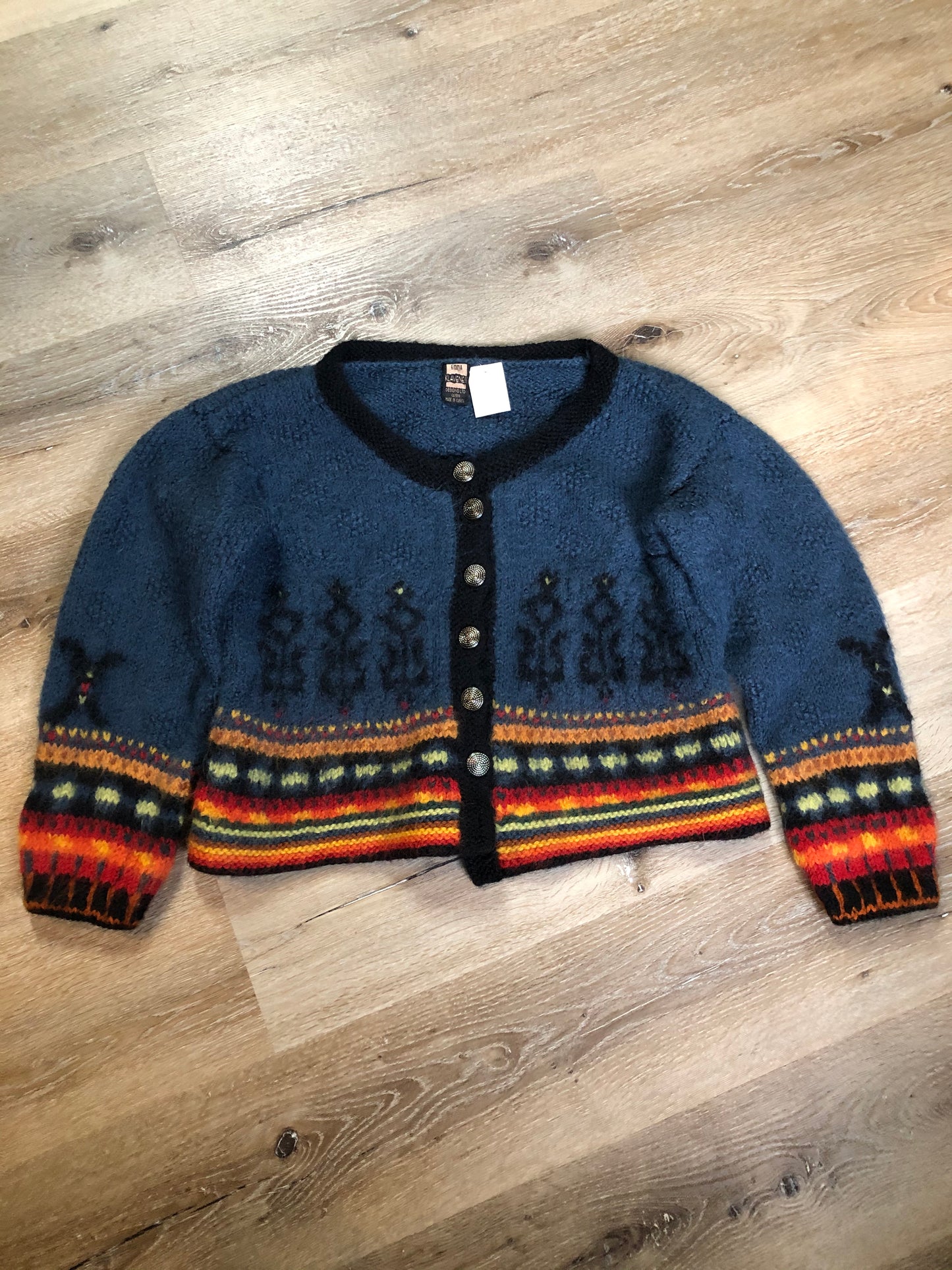 Kingspier Vintage - Emma “Kalveness Designs Ltd.” felted wool cardigan in navy blue with multi-coloured designs and silver button closures. Made in Canada. Size Small, medium.