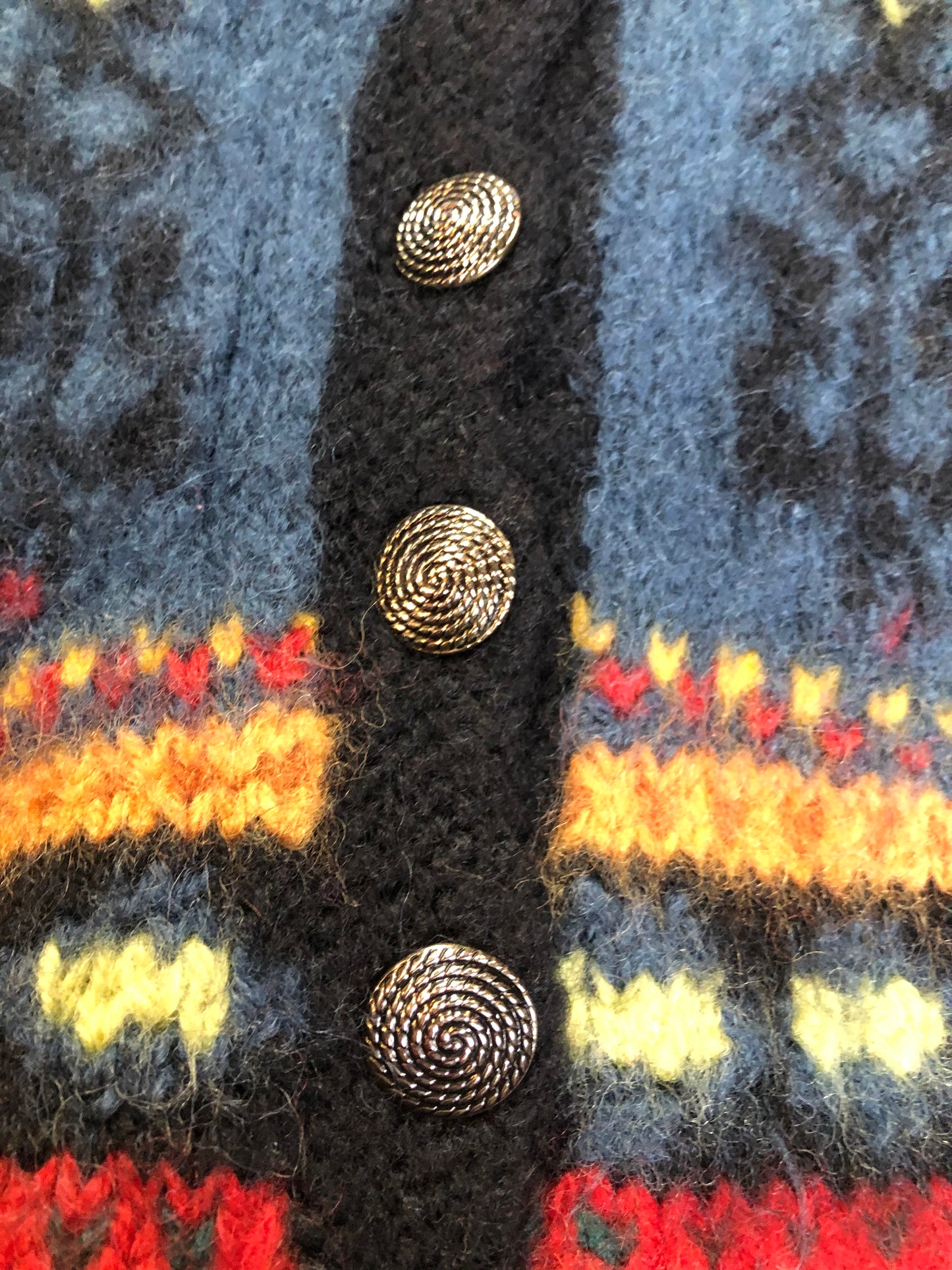 Kingspier Vintage - Emma “Kalveness Designs Ltd.” felted wool cardigan in navy blue with multi-coloured designs and silver button closures. Made in Canada. Size Small, medium.