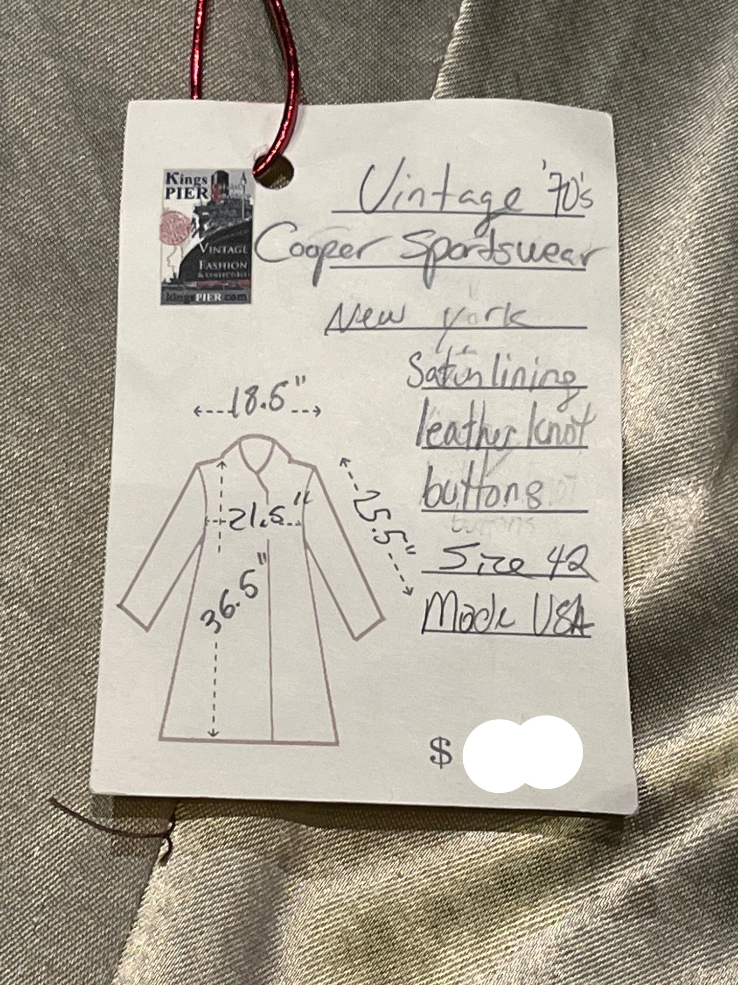 Vintage 70’s Cooper Sportswear camel brown trench coat with leather knot button closures, two front pockets and a satin lining.
Made in USA
Size 42