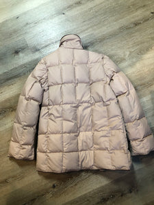 Kingspier Vintage - Vintage light pink down-filled puffer jacket with brown piping detail, snap closures, zipper closures and two welt pockets. Size 8.