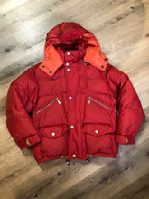 Load image into Gallery viewer, Kingspier Vintage - Vintage Jackpot by Carli Gry red down-fIlled puffer jacket with hood, zipper closure, flap pockets, zip pockets and three inside pockets large enough to fit an included small lightweight backpack, 
