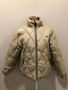 Kingspier Vintage - Helly Hansen reversible charcoal and beige down-filled puffer jacket. This jacket is quilted with zipper closure and zip pockets on both sides. Size Large.