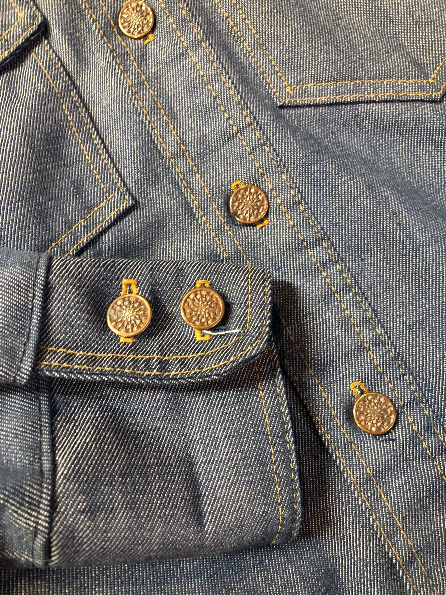 Vintage Bar C Authentic Western medium wash denim shirt jacket with button closures, two flap pockets on the chest and a custom rose design embroidered on the back. Made in USA, size med/ large - Kingspier Vintage