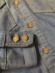 Vintage Bar C Authentic Western medium wash denim shirt jacket with button closures, two flap pockets on the chest and a custom rose design embroidered on the back.  Made in USA, size med/ large - Kingspier Vintage