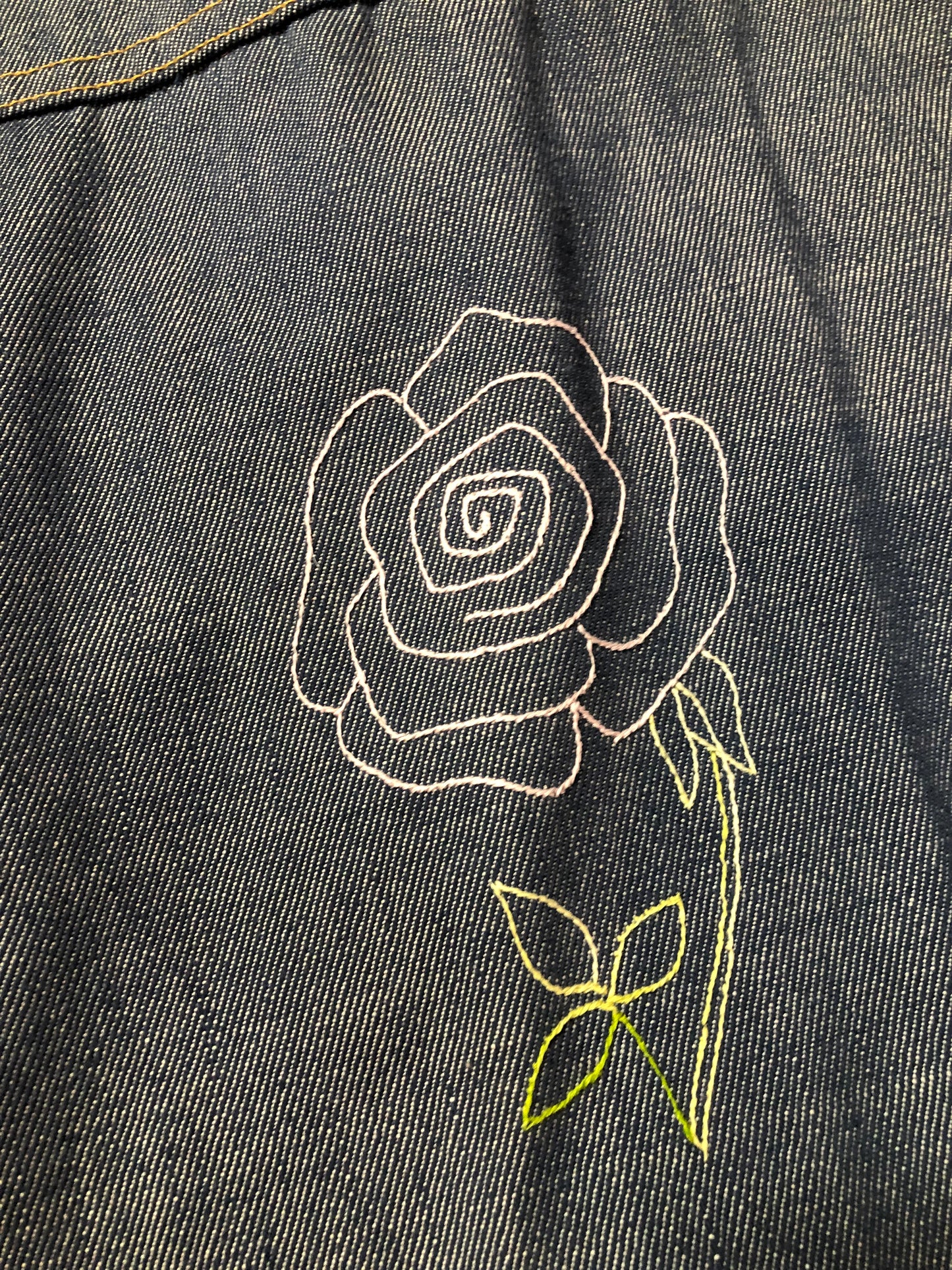 Vintage Bar C Authentic Western medium wash denim shirt jacket with button closures, two flap pockets on the chest and a custom rose design embroidered on the back. Made in USA, size med/ large - Kingspier Vintage