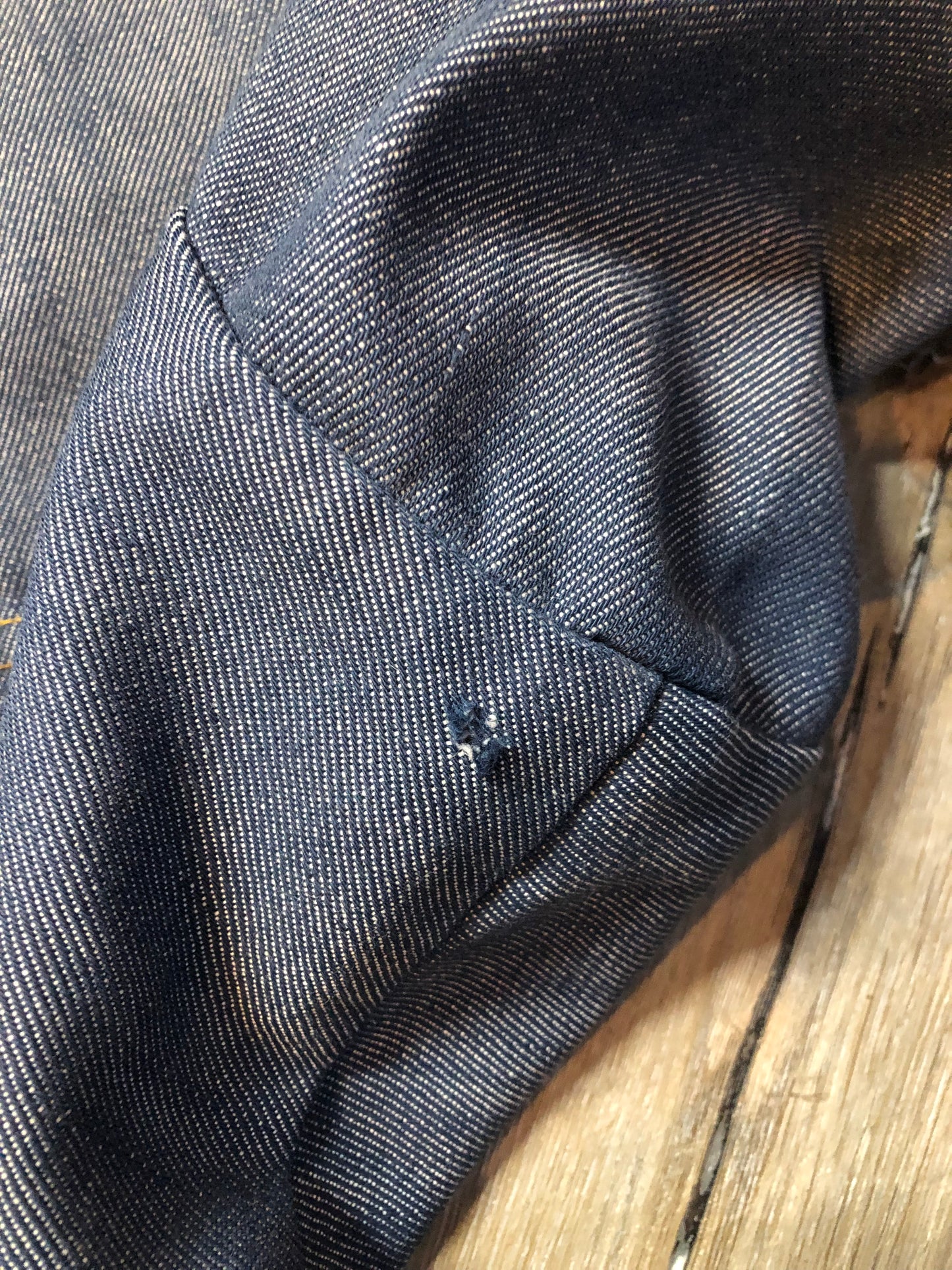 Vintage Bar C Authentic Western medium wash denim shirt jacket with button closures, two flap pockets on the chest and a custom rose design embroidered on the back. Made in USA, size med/ large - Kingspier Vintage