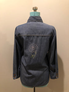 Vintage Bar C Authentic Western medium wash denim shirt jacket with button closures, two flap pockets on the chest and a custom rose design embroidered on the back.  Made in USA, size med/ large - Kingspier Vintage