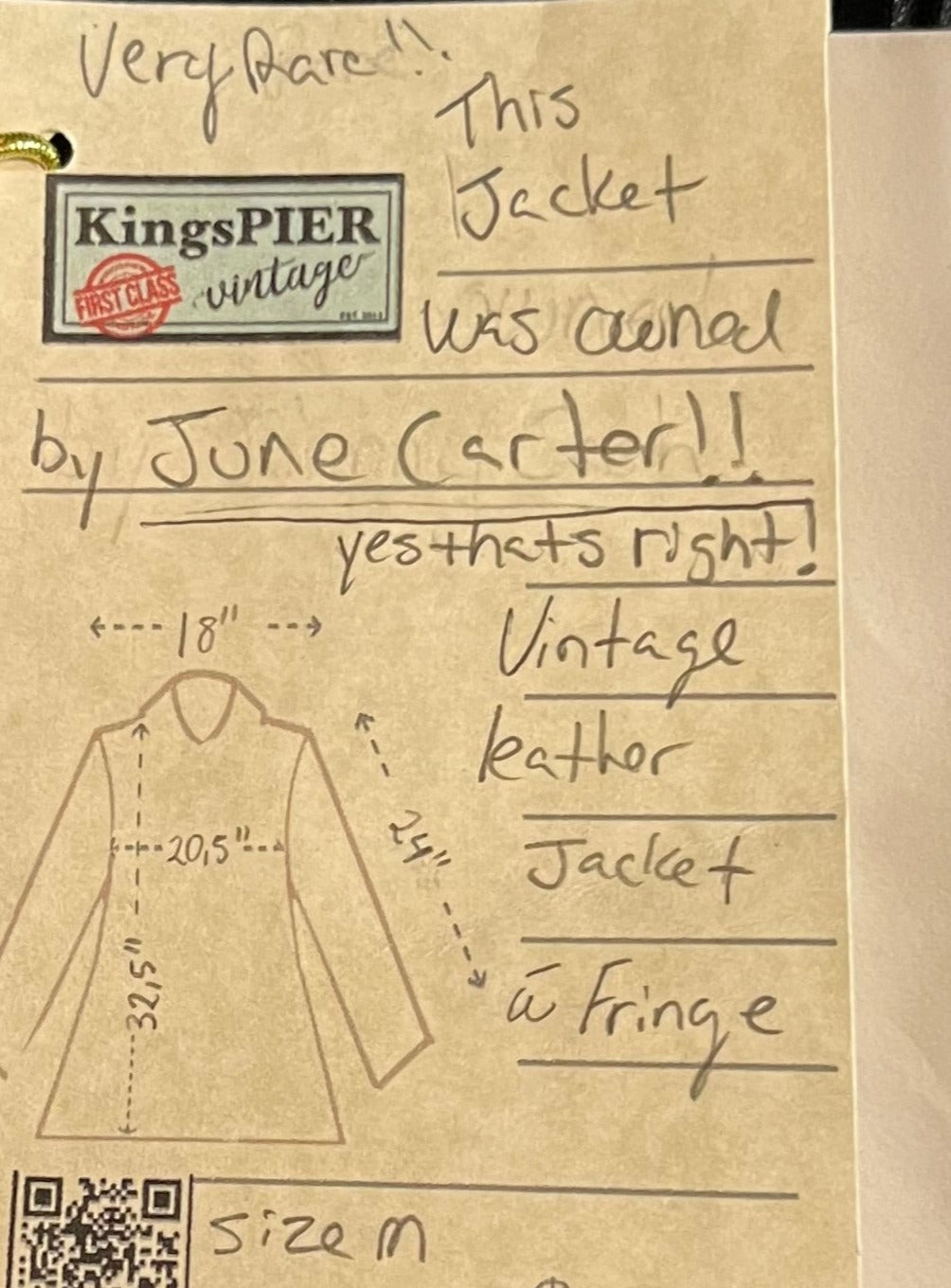 Rare authentic vintage leather jacket with fringe once owned by June Carter. Consigned by a former member of Johnny Cash’s band from 1987-1990.
The Western World by Shaf jacket features snap closures, leather fringe, beaded and stud details.
Size Medium