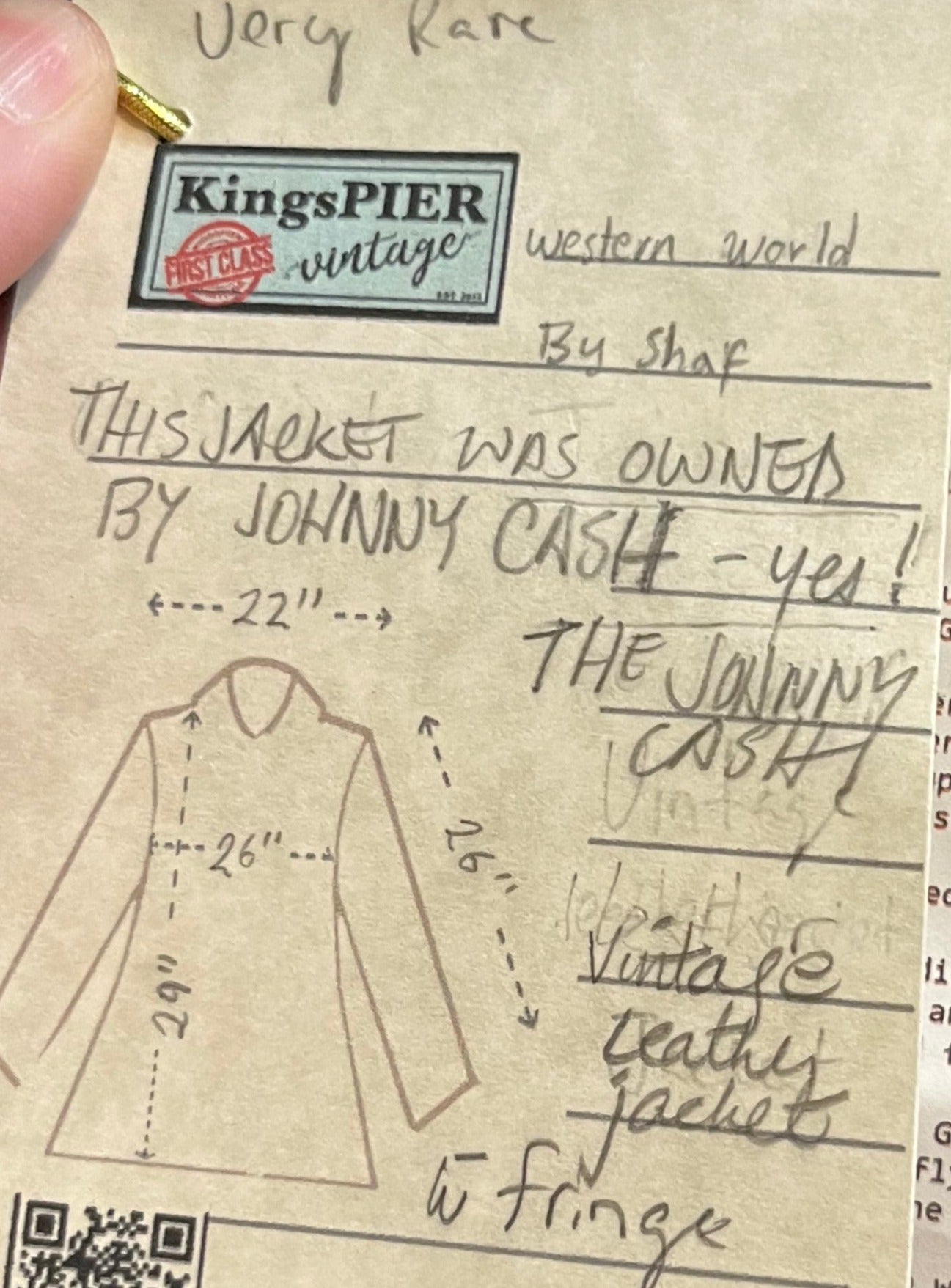 Rare authentic vintage leather jacket with fringe once owned by Johnny Cash. Consigned by a former member of Johnny Cash’s band from 1987-1990.
The piece features zipper closure, zip pockets, leather fringe and stud details
Chest 52”