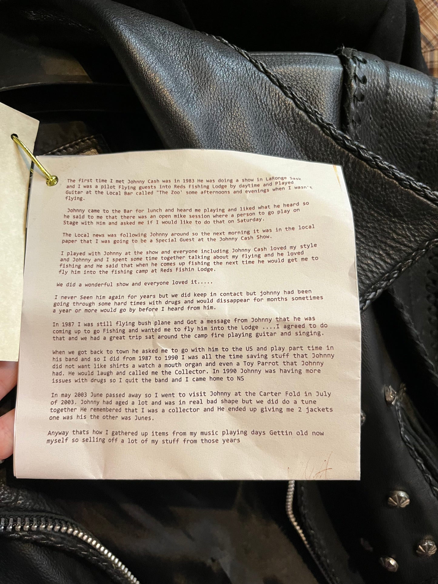 Rare authentic vintage leather jacket with fringe once owned by Johnny Cash. Consigned by a former member of Johnny Cash’s band from 1987-1990.
The piece features zipper closure, zip pockets, leather fringe and stud details
Chest 52”