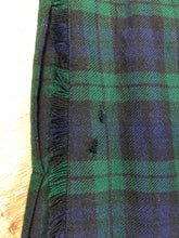 Load image into Gallery viewer, Kingspier Vintage - Black Watch tartan kilt with leather straps on each side to adjust size and fringed top skirt. Kilt is partially lined. Fibres unknown.
