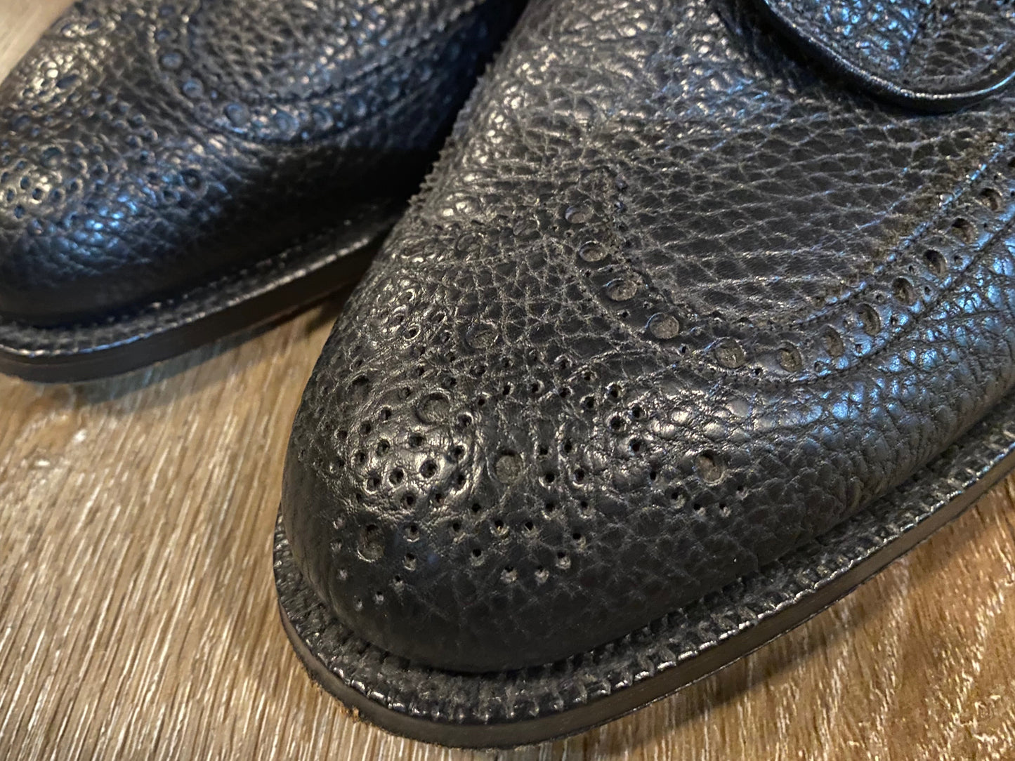 Kingspier Vintage - Black 1950s Ranch Oxhide Pebbled Leather Full Brogue Wingtip Derbies by Church's Famous English Shoes - Sizes: 6M 7.5W 38-39EURO, Made in Northampton, England, Leather Soles and Partial Rubber Heels