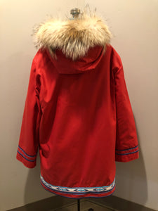 Vintage Inuvik Parka Enterprise red 100% pure wool northern parka.  This parka features a cotton/ polyester blend storm shell with embroidered details, a fur trimmed hood, zipper closure, patch pockets, satin lining and a northern fishing design in felt applique. Made in northern Canada. Size 46 - Kingspier Vintage
