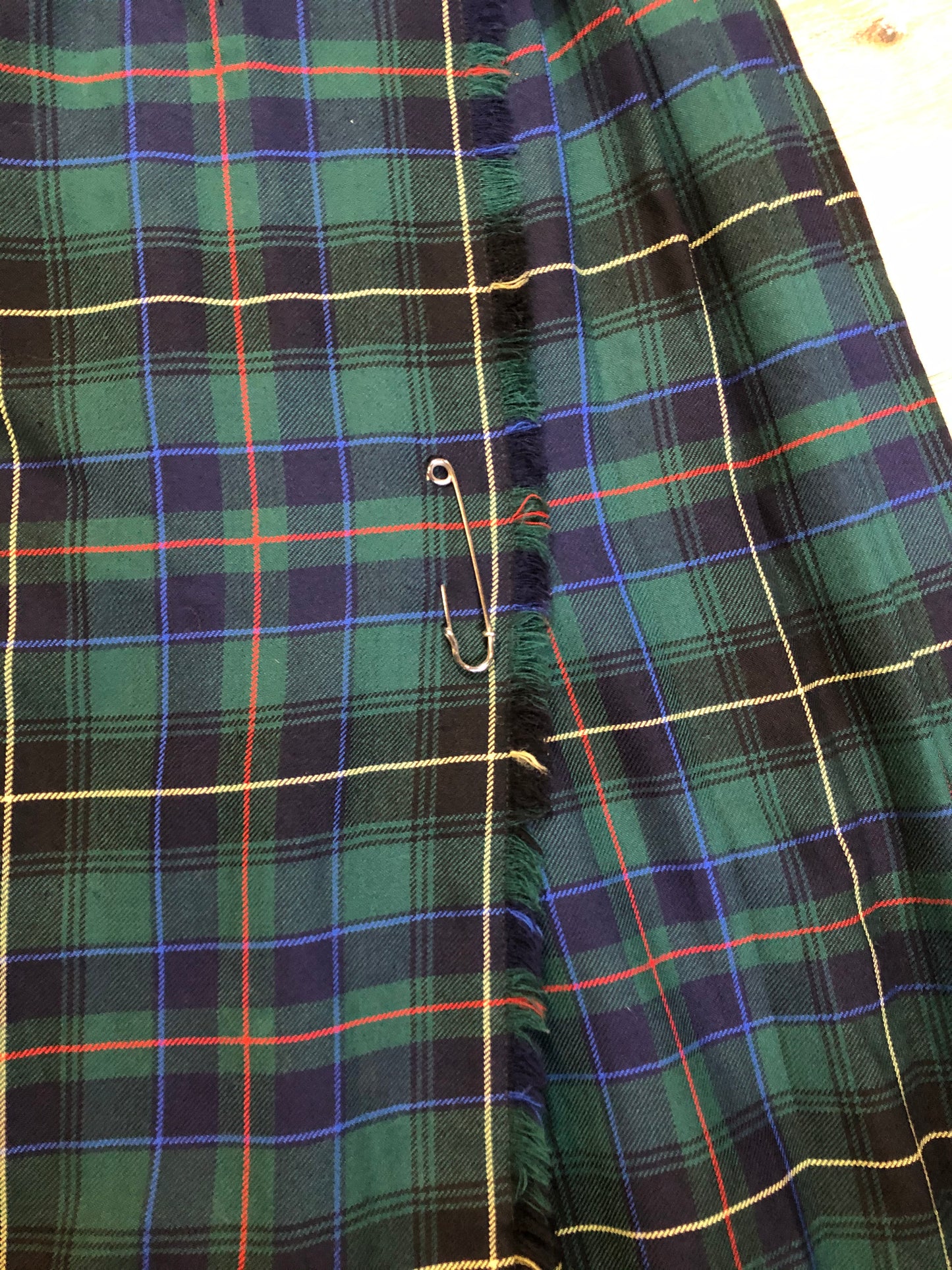 Kingspier Vintage - Al Jean 100% pure virgin wool kilt in green, blue and black plaid. Made in Canada.