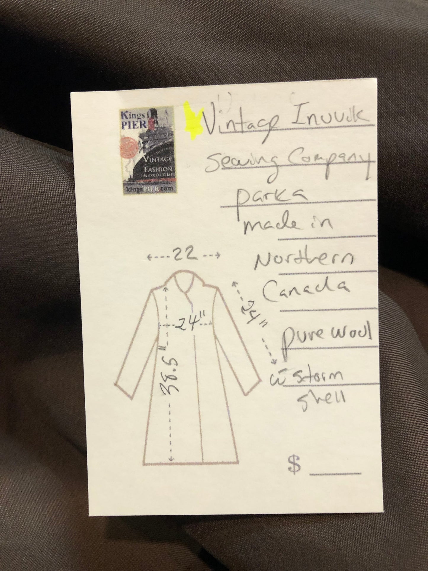 Vintage Inuvik Sewing Company brown 100% pure wool parka. This parka features a cotton/ polyester blend storm shell with embroidered details, a fur trimmed hood, zipper closure, patch pockets, satin lining and a snowshoeing design in felt applique. Made in northern Canada - Kingspier Vintage
