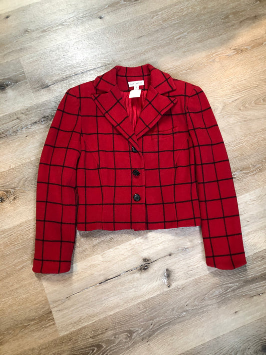 Kingspier Vintage - Vintage Ann Taylor red and black plaid wool jacket with button closures and one chest pocket. Size small. 
Shoulder to shoulder - 17.5”
Shoulder to wrist - 22.5”
Under sleeve - 16.5”
Armpit to armpit - 19”
Armpit to hem - 10.5”
Bottom hem - 16”
*All items have been laid flat to measure.
This Jacket is in excellent condition.