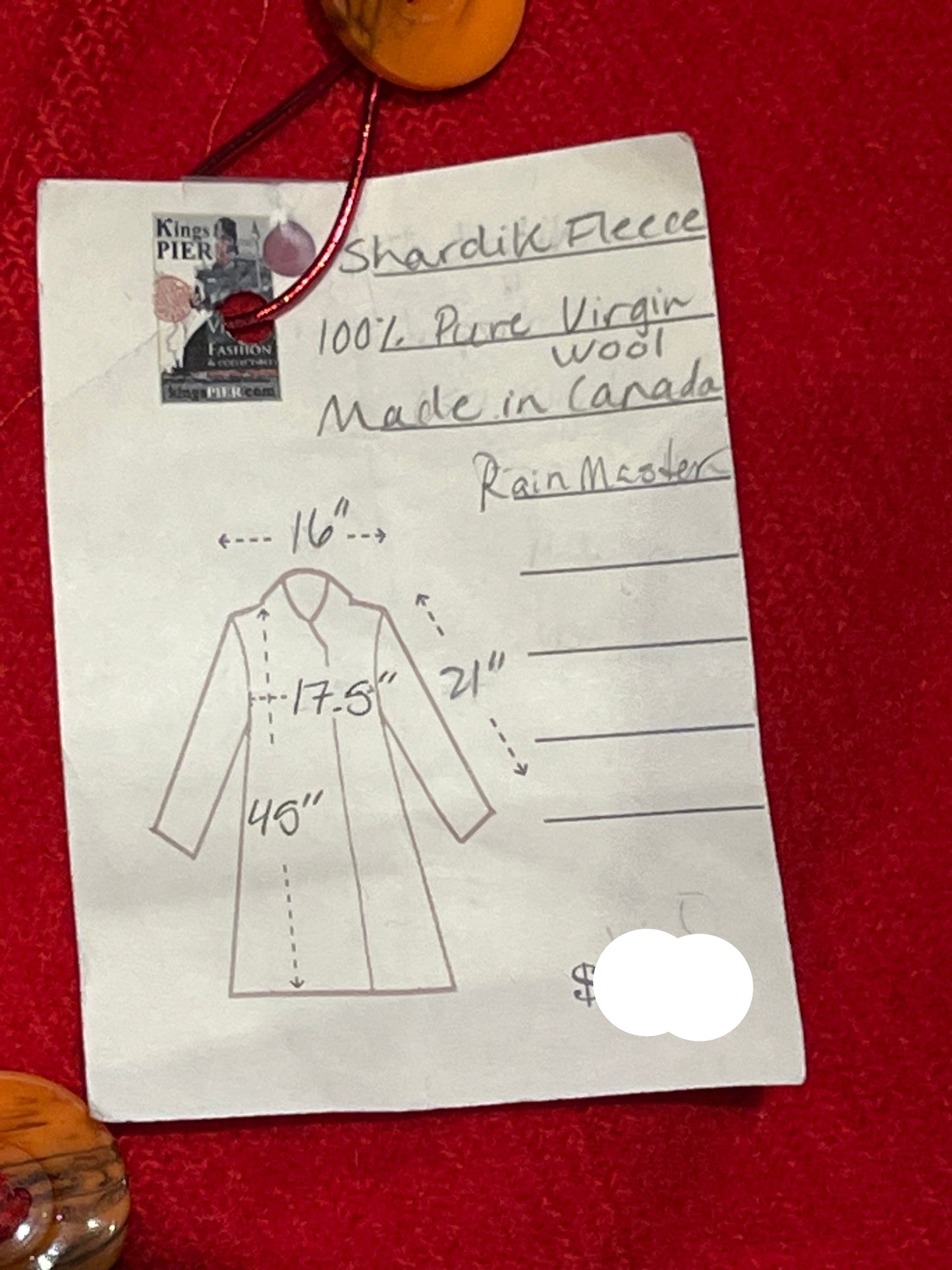 Vintage Shardik Fleece for Rainmaster red and black 100% pure virgin wool coat with belt, button closures, two front patch pockets and a satin lining.
Made in Canada
Chest 35”