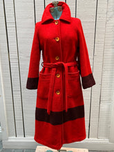 Load image into Gallery viewer, Vintage Shardik Fleece for Rainmaster red and black 100% pure virgin wool coat with belt, button closures, two front patch pockets and a satin lining.

Made in Canada
Chest 35”
