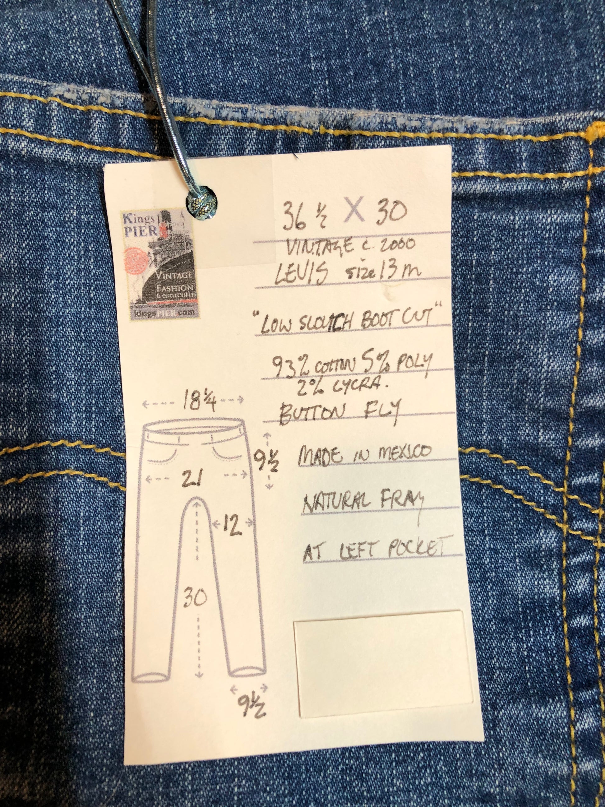 Vintage Levi’s Low Slouch Boot Cut Denim Jeans  Red tab  Low rise  Button fly  Boot cut leg.  93% Cotton/ 5% Polyester/ 2% Lycra  Medium wash  Made in Mexico - Kingspier Vintage