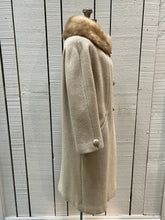 Load image into Gallery viewer, Vintage 50’s Primrose for Mills Brothers Camel Hair Coat with Blonde Fur Collar, large unique button closures, satin lining and two front pockets.

Made in Canada
Chest 44”
