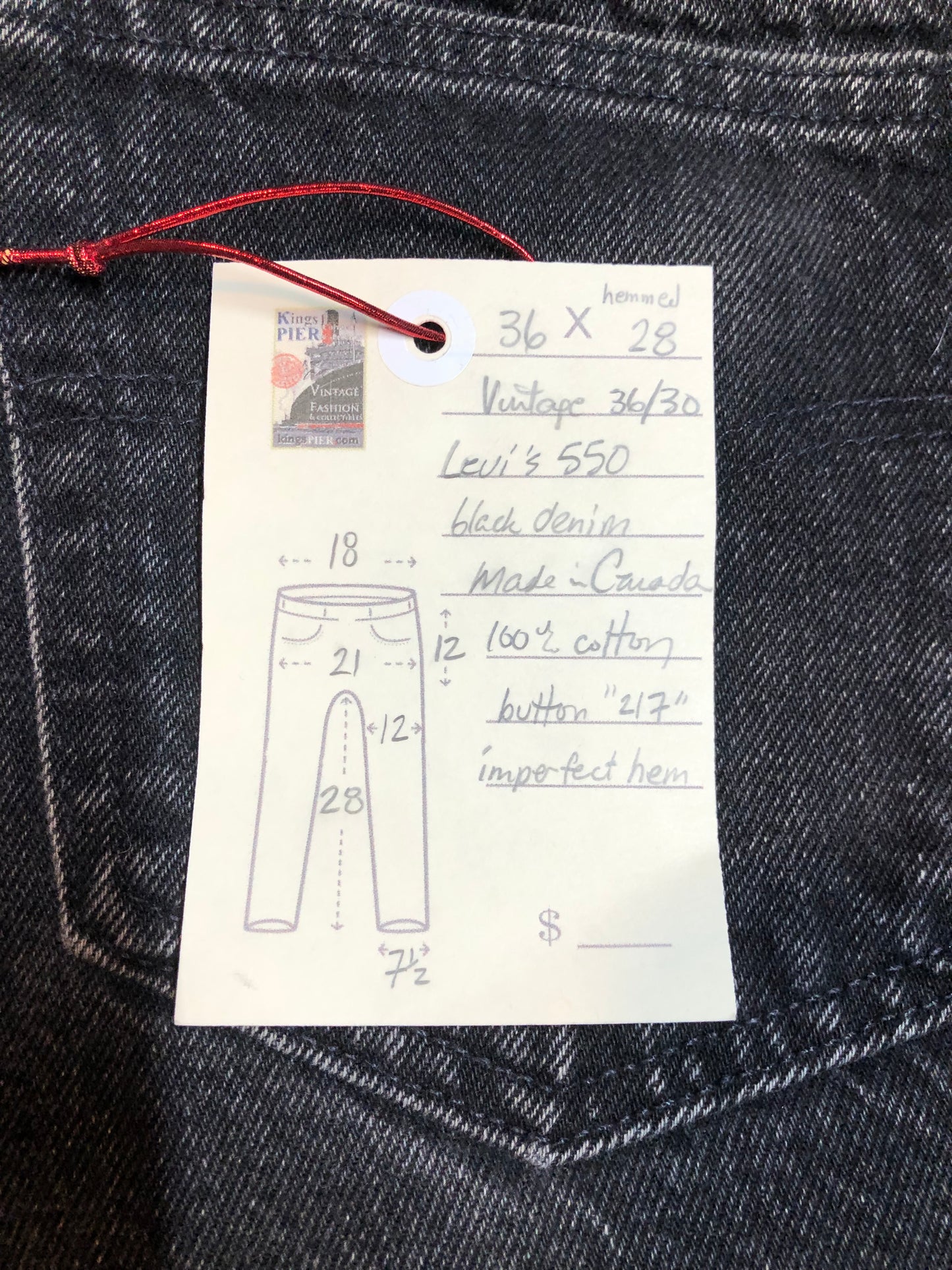 Levi’s 550 - 36”x28” Black Denim Jeans Vintage Red Tab High rise Button fly Tapered leg Tagged 36”x30” 100% Cotton Button stamped “217” Made in Canada - Kingspier Vintage