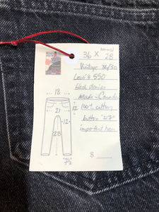 Levi’s 550 - 36”x28” Black Denim Jeans  Vintage Red Tab  High rise  Button fly  Tapered leg  Tagged 36”x30”  100% Cotton  Button stamped “217”  Made in Canada - Kingspier Vintage