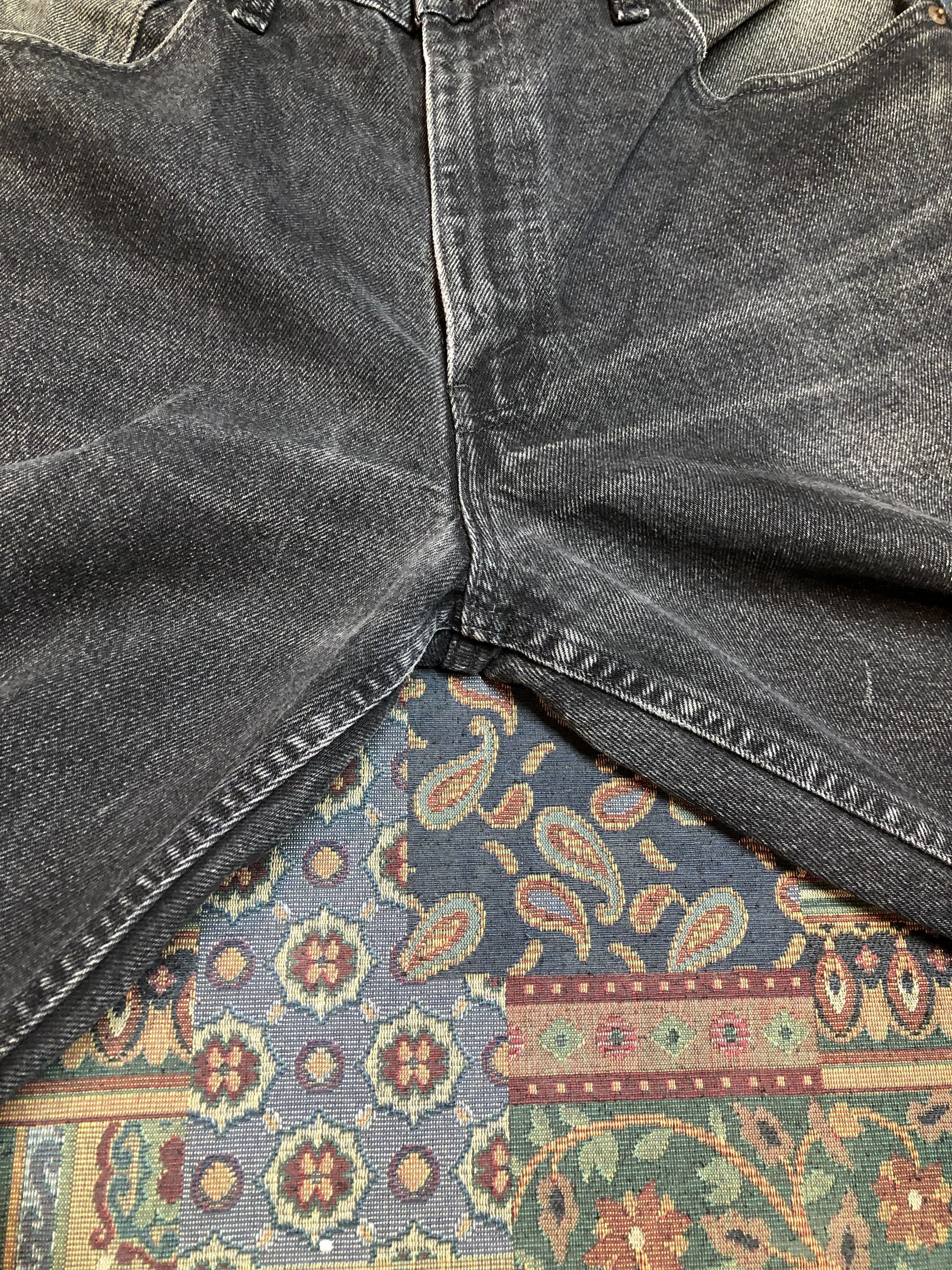 Levi’s 550 - 36”x28” Black Denim Jeans  Vintage Red Tab  High rise  Button fly  Tapered leg  Tagged 36”x30”  100% Cotton  Button stamped “217”  Made in Canada - Kingspier Vintage