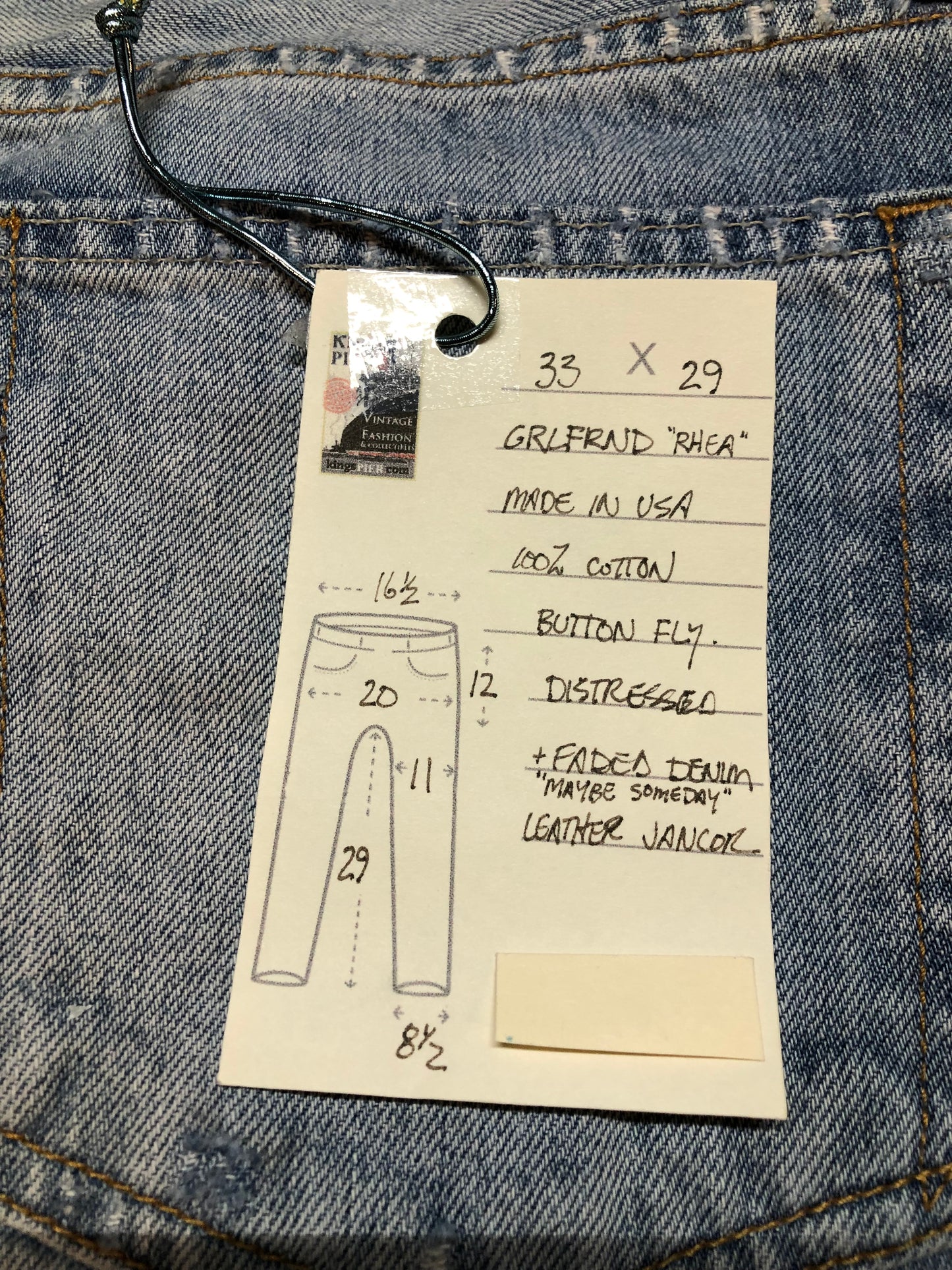 GRLFRND Rhea Denim Jeans - 33”x29” High rise Button fly Slight taper in the leg. 100% Cotton Light wash Distressed Made in USA - Kingspier Vintage