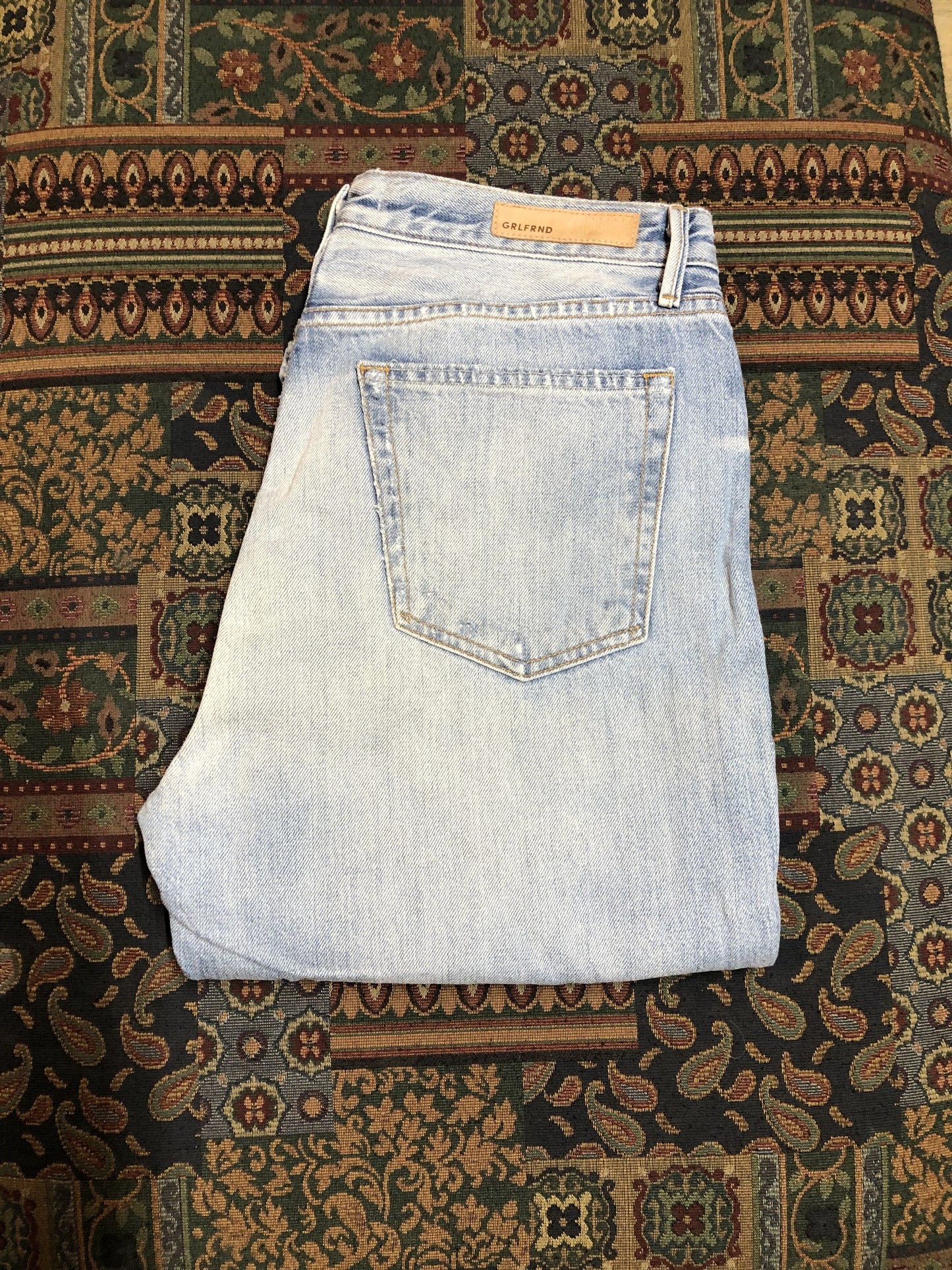 GRLFRND Rhea Denim Jeans - 33”x29” High rise Button fly Slight taper in the leg. 100% Cotton Light wash Distressed Made in USA - Kingspier Vintage
