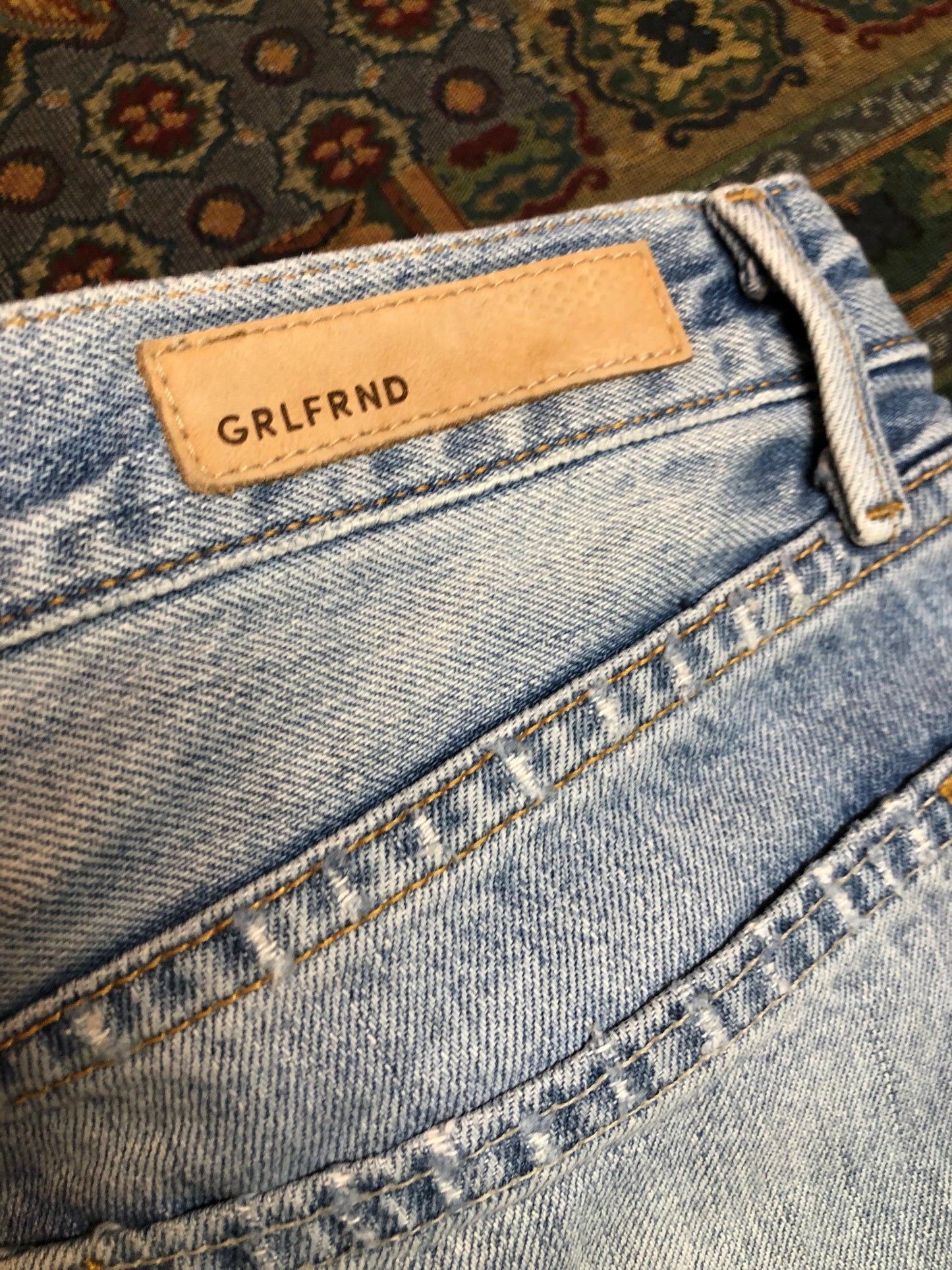 GRLFRND Rhea Denim Jeans - 33”x29” High rise Button fly Slight taper in the leg. 100% Cotton Light wash Distressed Made in USA - Kingspier Vintage