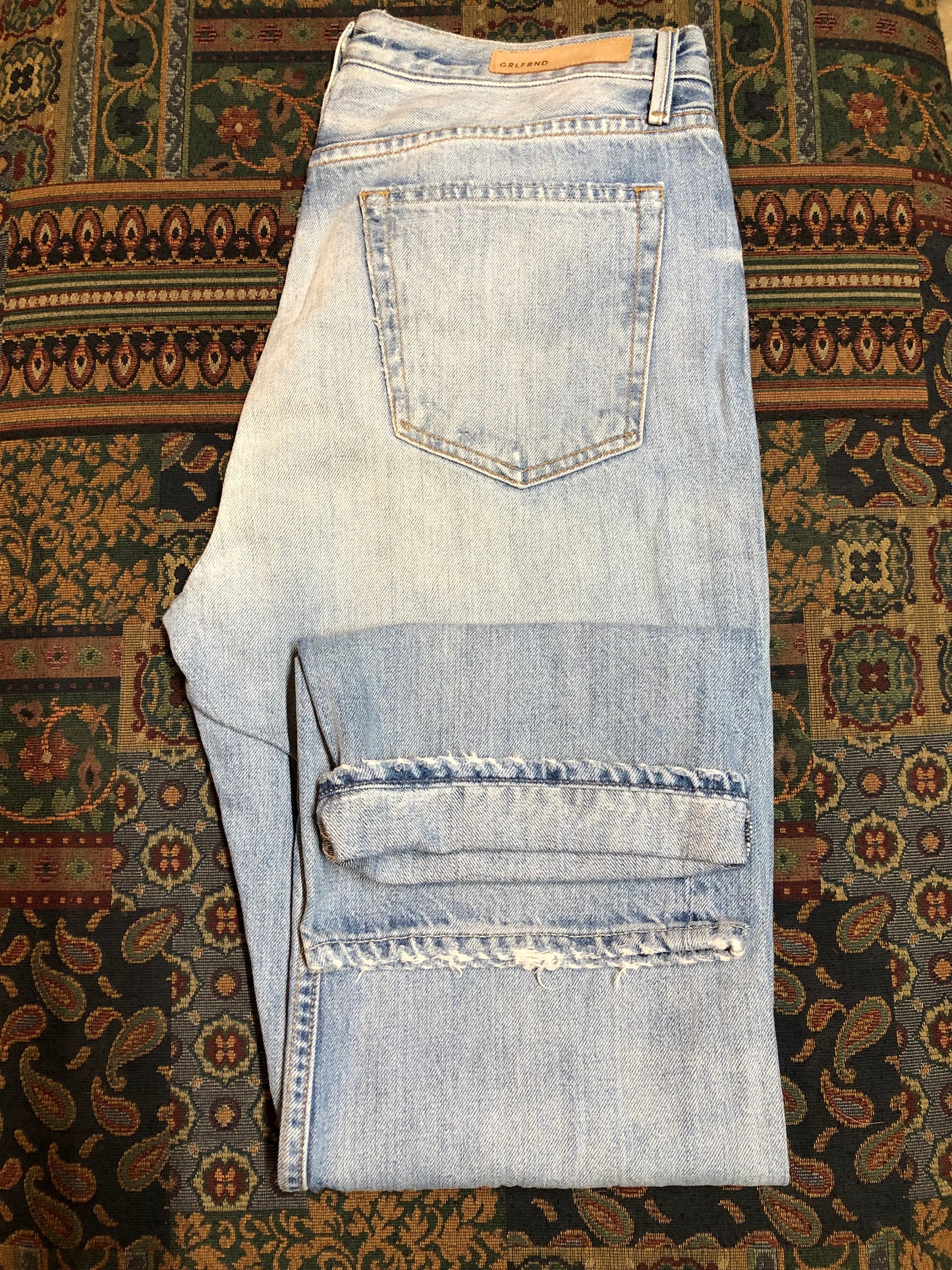 GRLFRND Rhea Denim Jeans - 33”x29” High rise Button fly Slight taper in the leg. 100% Cotton Light wash Distressed Made in USA - Kingspier Vintage