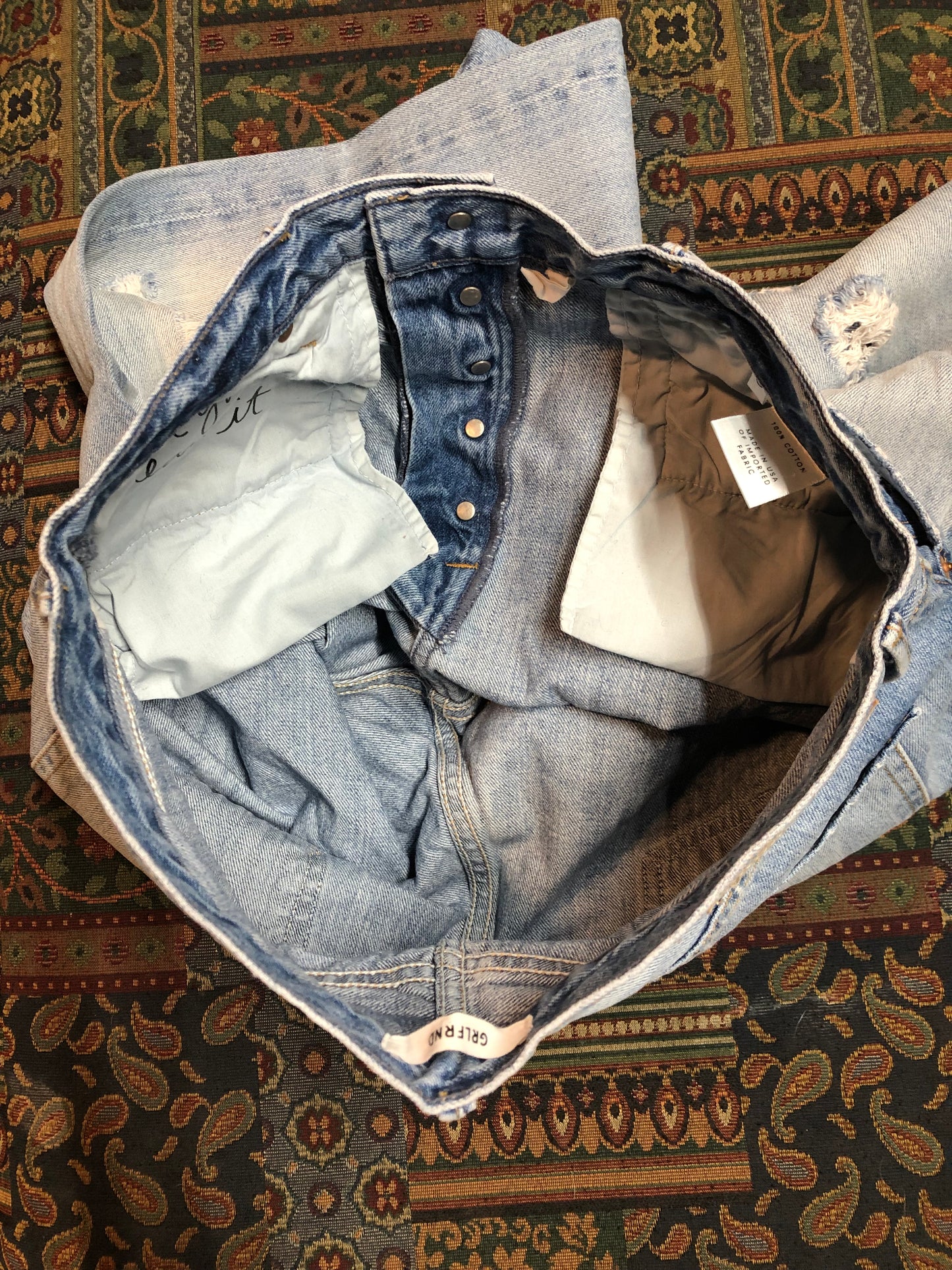 GRLFRND Rhea Denim Jeans - 33”x29” High rise Button fly Slight taper in the leg. 100% Cotton Light wash Distressed Made in USA - Kingspier Vintage