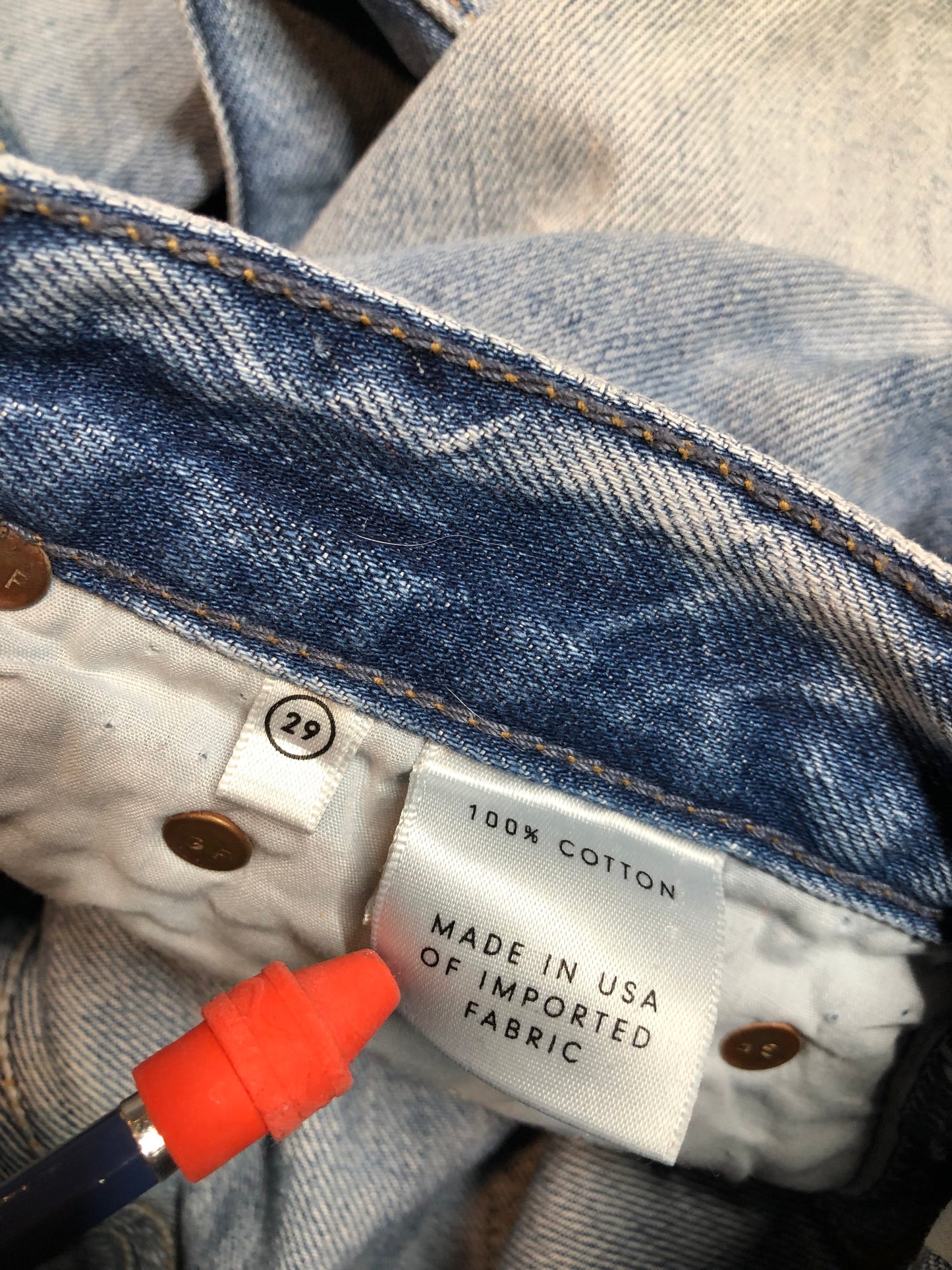 GRLFRND Rhea Denim Jeans - 33”x29” High rise Button fly Slight taper in the leg. 100% Cotton Light wash Distressed Made in USA - Kingspier Vintage