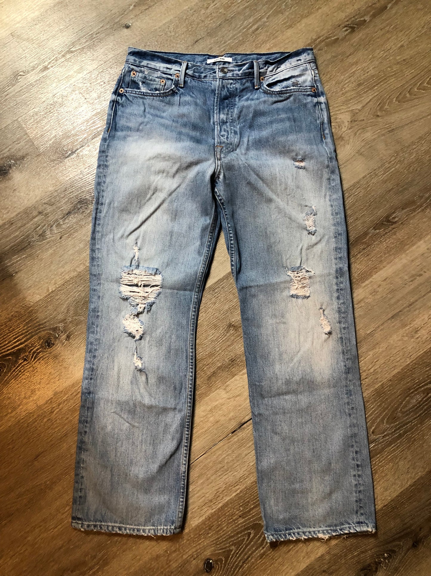 GRLFRND Rhea Denim Jeans - 33”x29” High rise Button fly Slight taper in the leg. 100% Cotton Light wash Distressed Made in USA - Kingspier Vintage