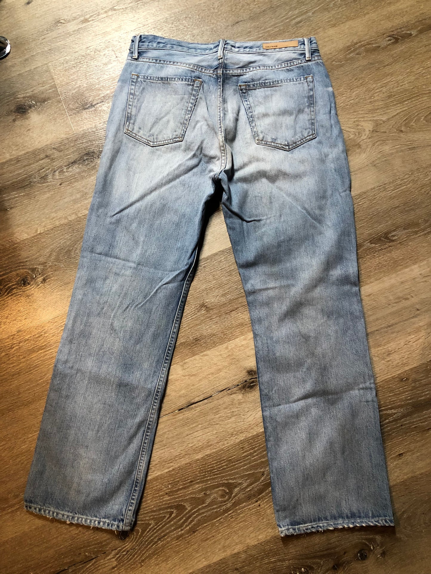 GRLFRND Rhea Denim Jeans - 33”x29” High rise Button fly Slight taper in the leg. 100% Cotton Light wash Distressed Made in USA - Kingspier Vintage