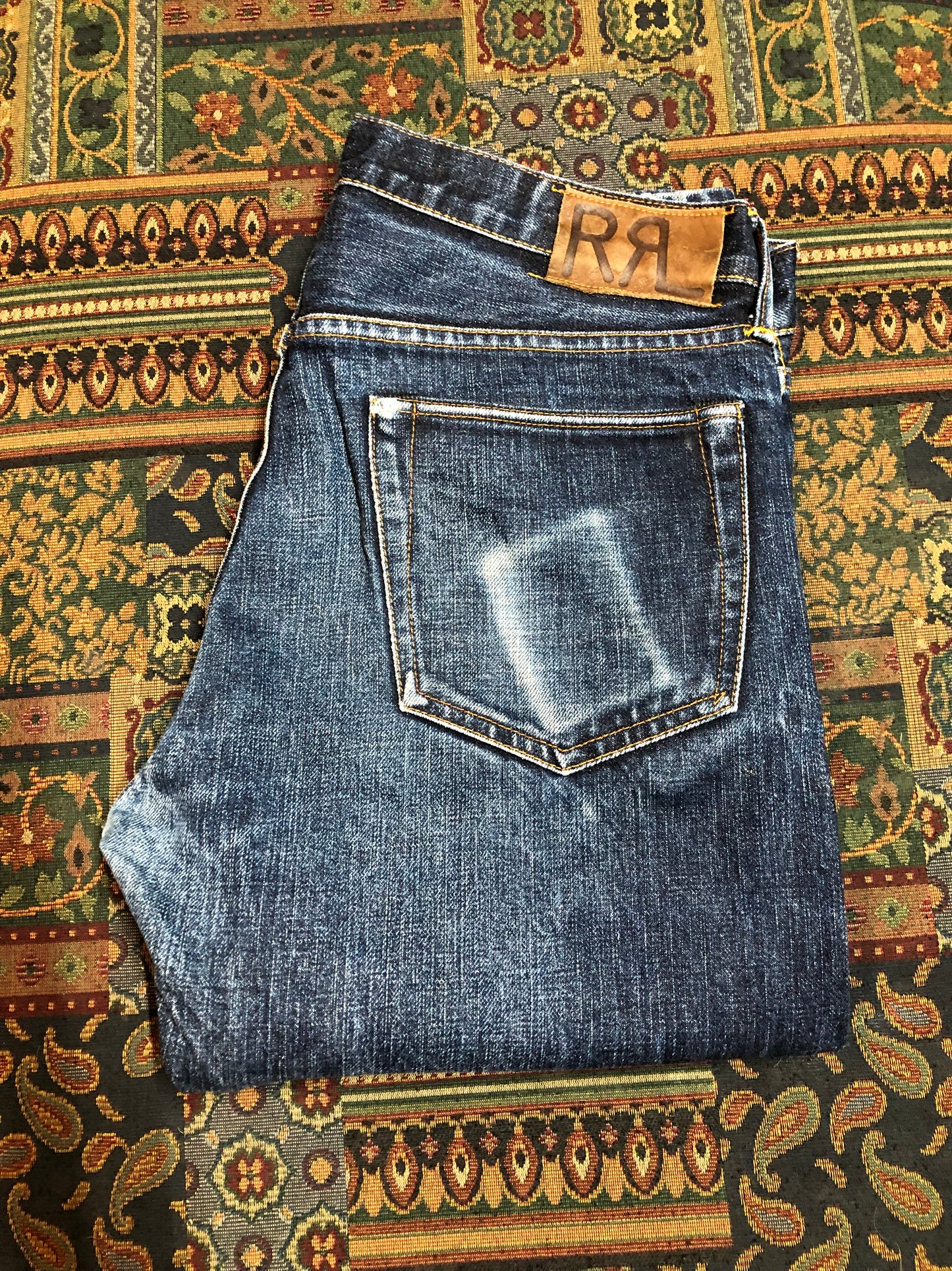Double RL Ralph Lauren Slim Fit Denim Jeans Mid rise Button fly 100% Cotton Japan Selvage Medium Wash Made in USA - Kingspier Vintage