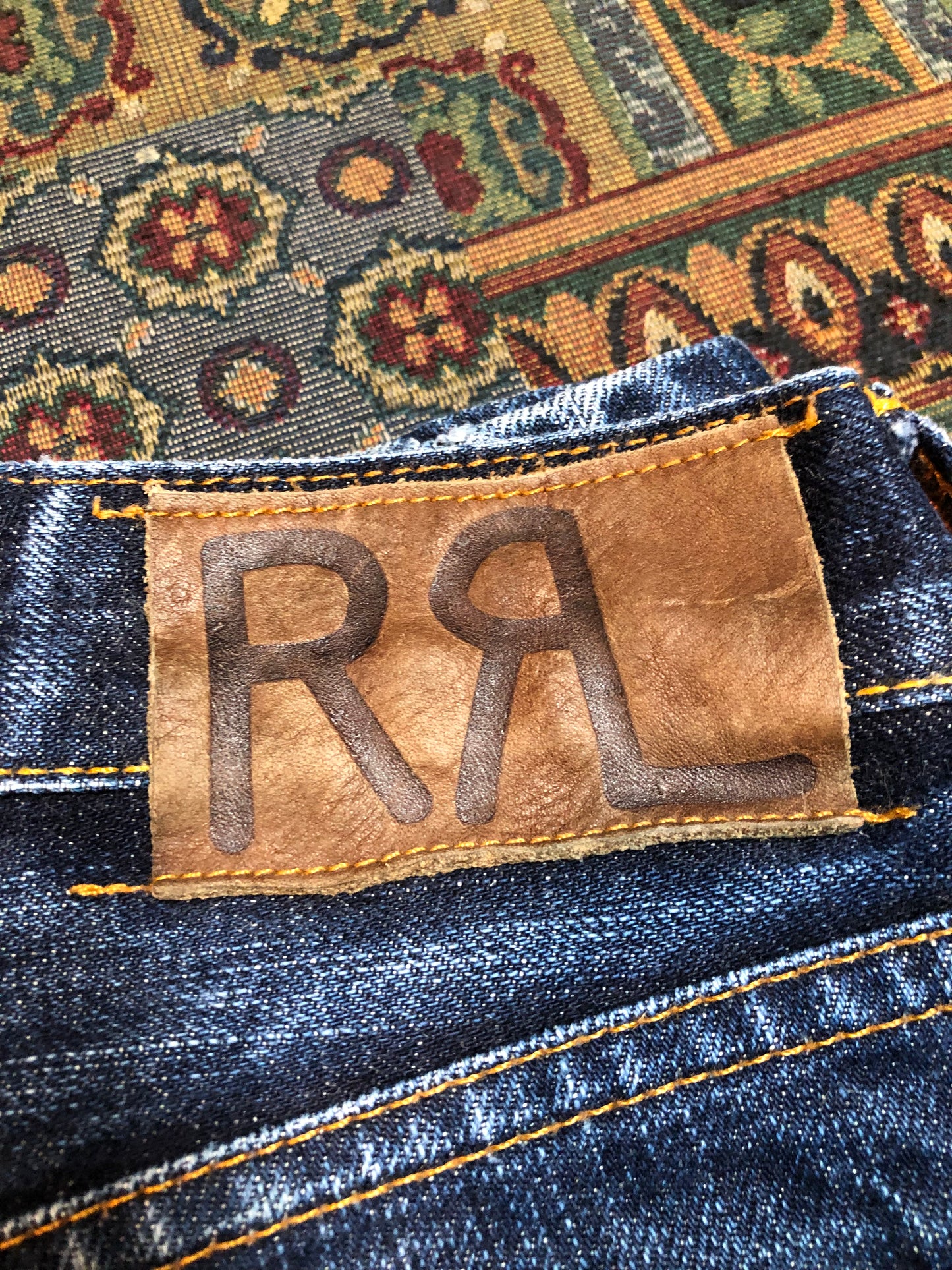 Double RL Ralph Lauren Slim Fit Denim Jeans Mid rise Button fly 100% Cotton Japan Selvage Medium Wash Made in USA - Kingspier Vintage